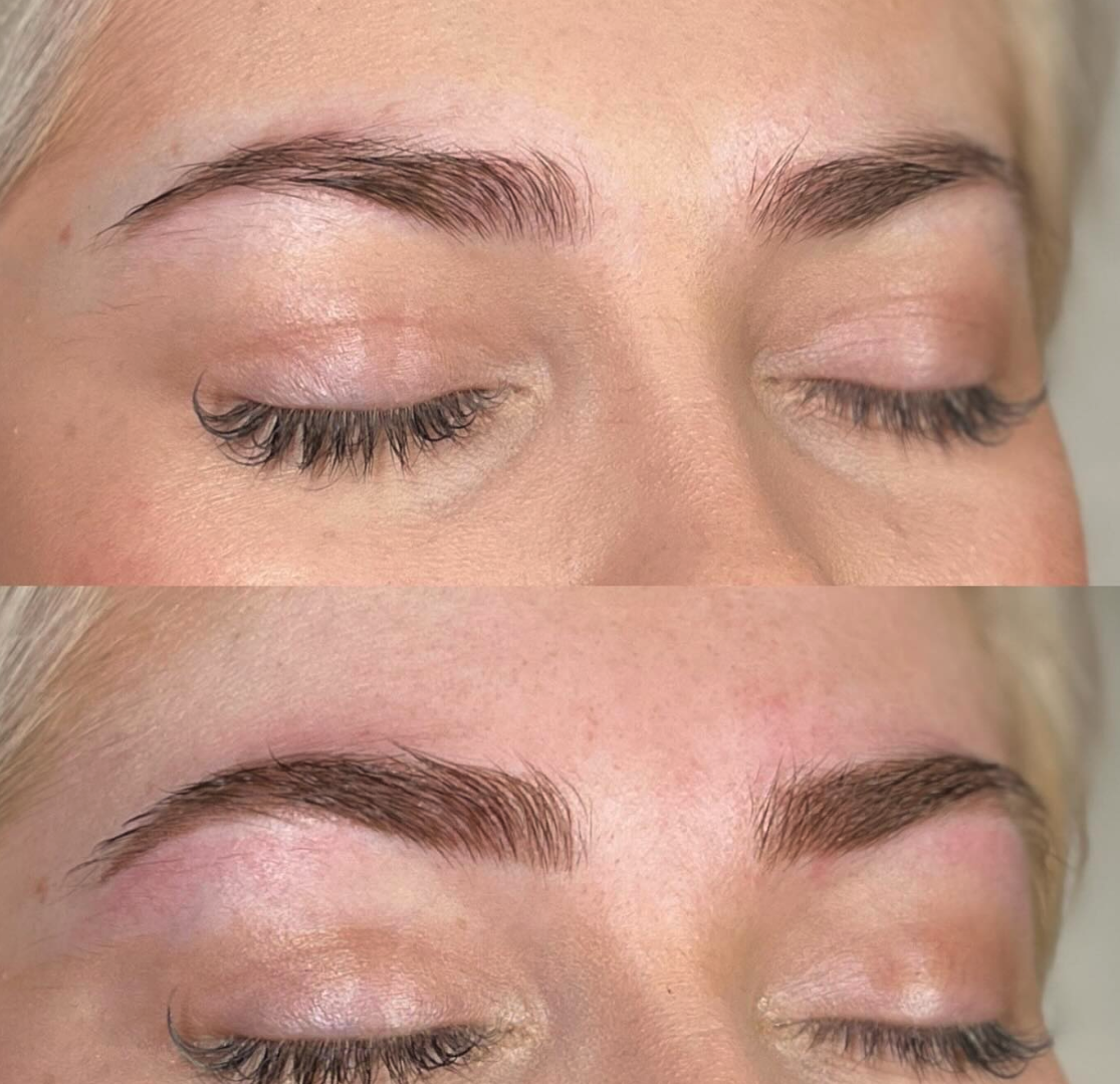Ennen ja jälkeen combo brows kestopigmentoinnin. Lähikuvat naisen kasvoista.