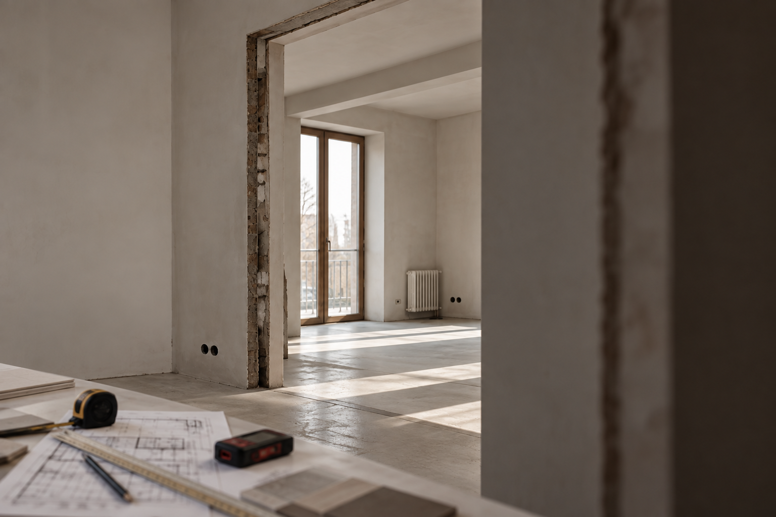 Interior en construcción con planos y herramientas en primer plano, y una habitación con ventanas y radiador al fondo.