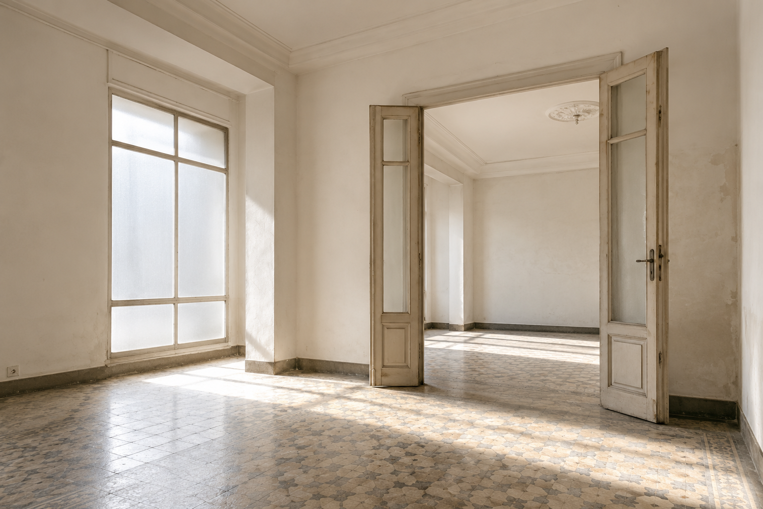 Interior de una vivienda antigua vacía con luz natural, antes de una reforma integral en Zaragoza.