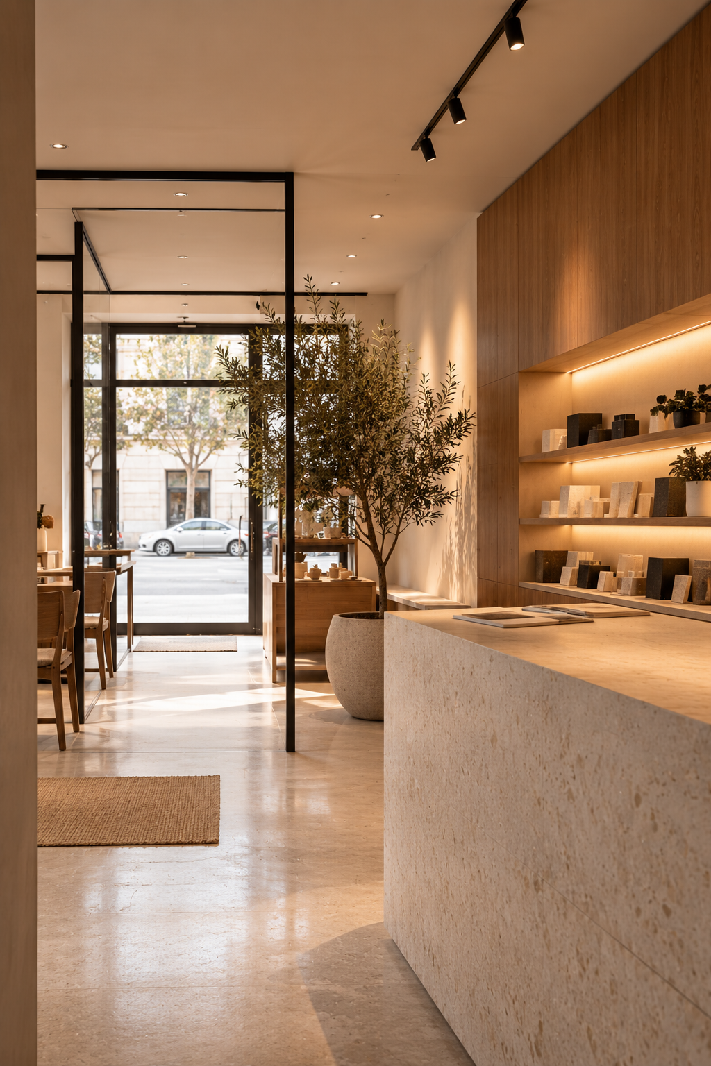 Interior de un local comercial con paredes de madera, una planta en una maceta grande, ventanas grandes que dejan entrar luz natural y un mostrador de piedra beige.