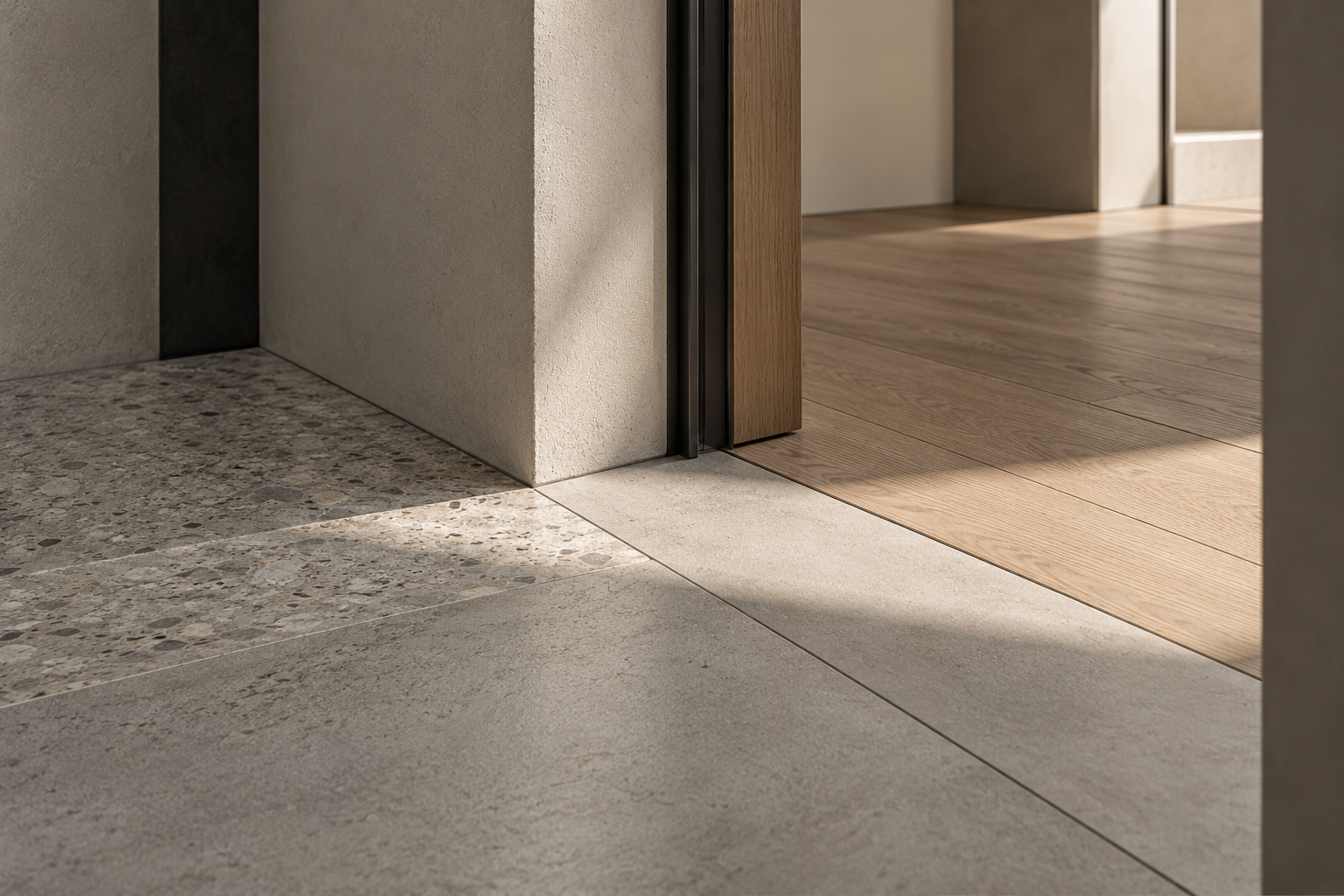 Detalle del encuentro entre pavimento porcelánico efecto terrazo, acabado mineral y suelo de madera en una vivienda contemporánea.