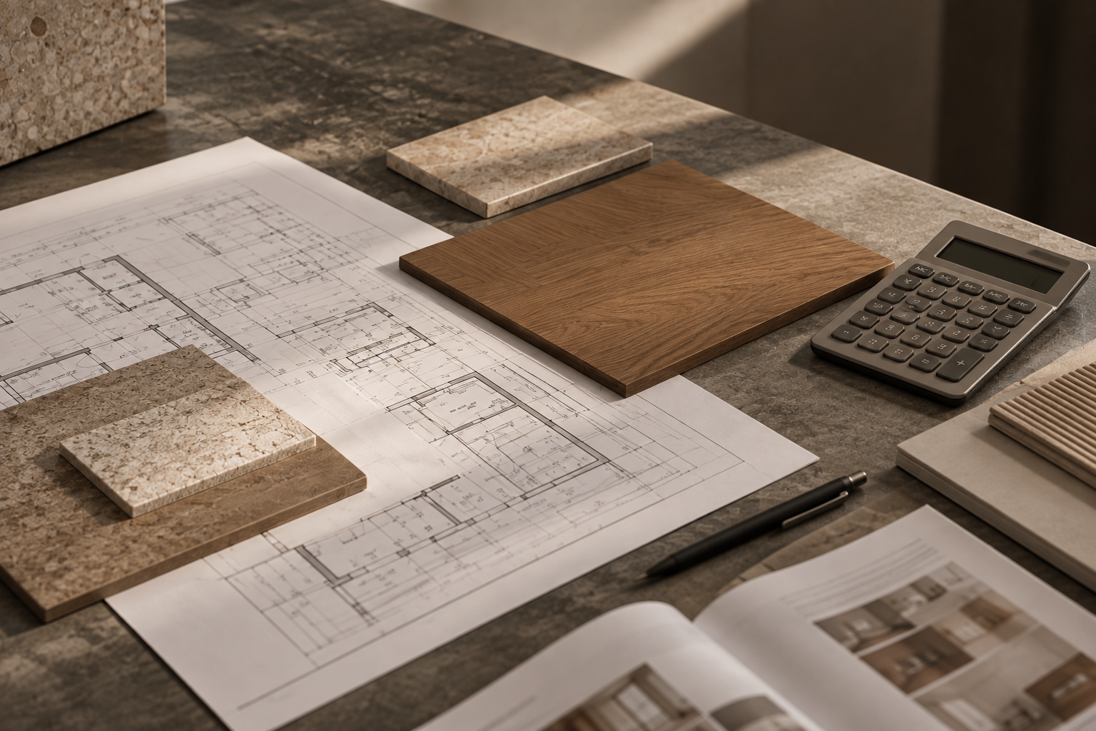 Plano arquitectónico en papel, muestras de madera, encimeras de granito y cerámica, calculadora, catalogo con muestras de madera y un bolígrafo en una mesa de trabajo.