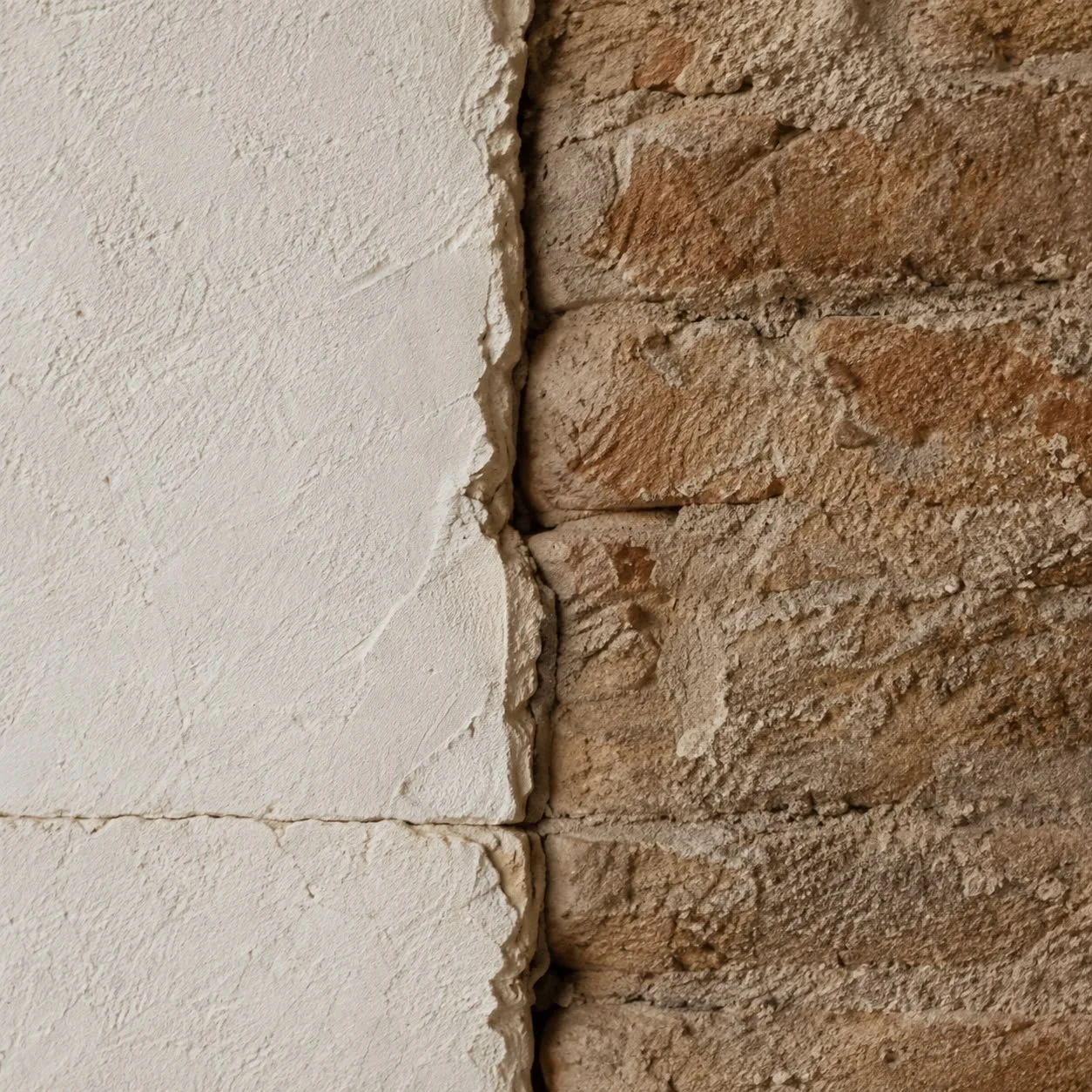 Pared dividida entre una sección de yeso blanca y una sección de ladrillo viejo.