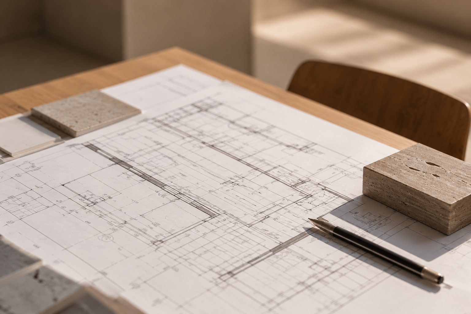 Estudio previo de un proyecto arquitectónico con planos y materiales