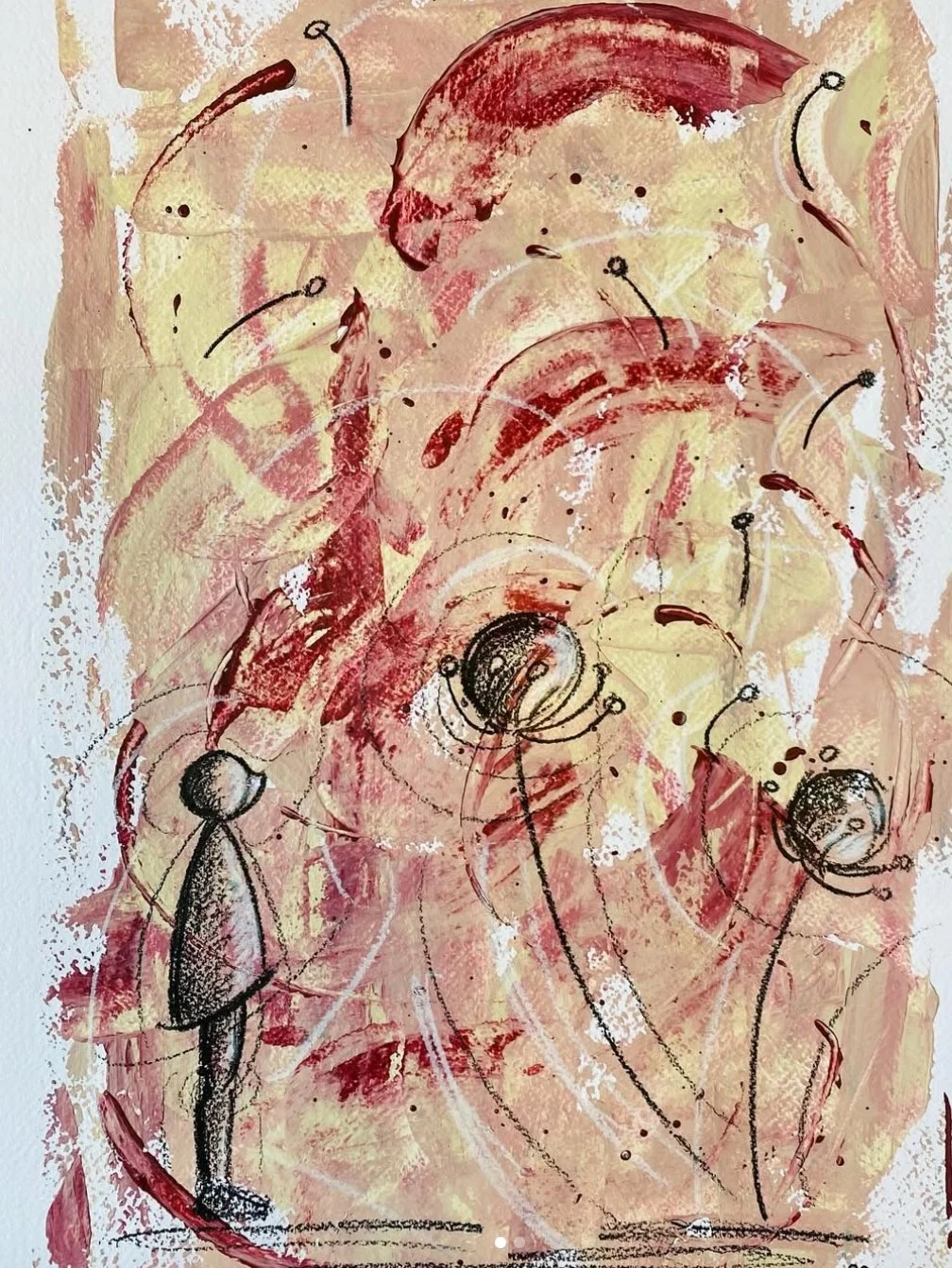 Studio per omino e fiori - Acrilico e pastello su carta - 30X20 cm