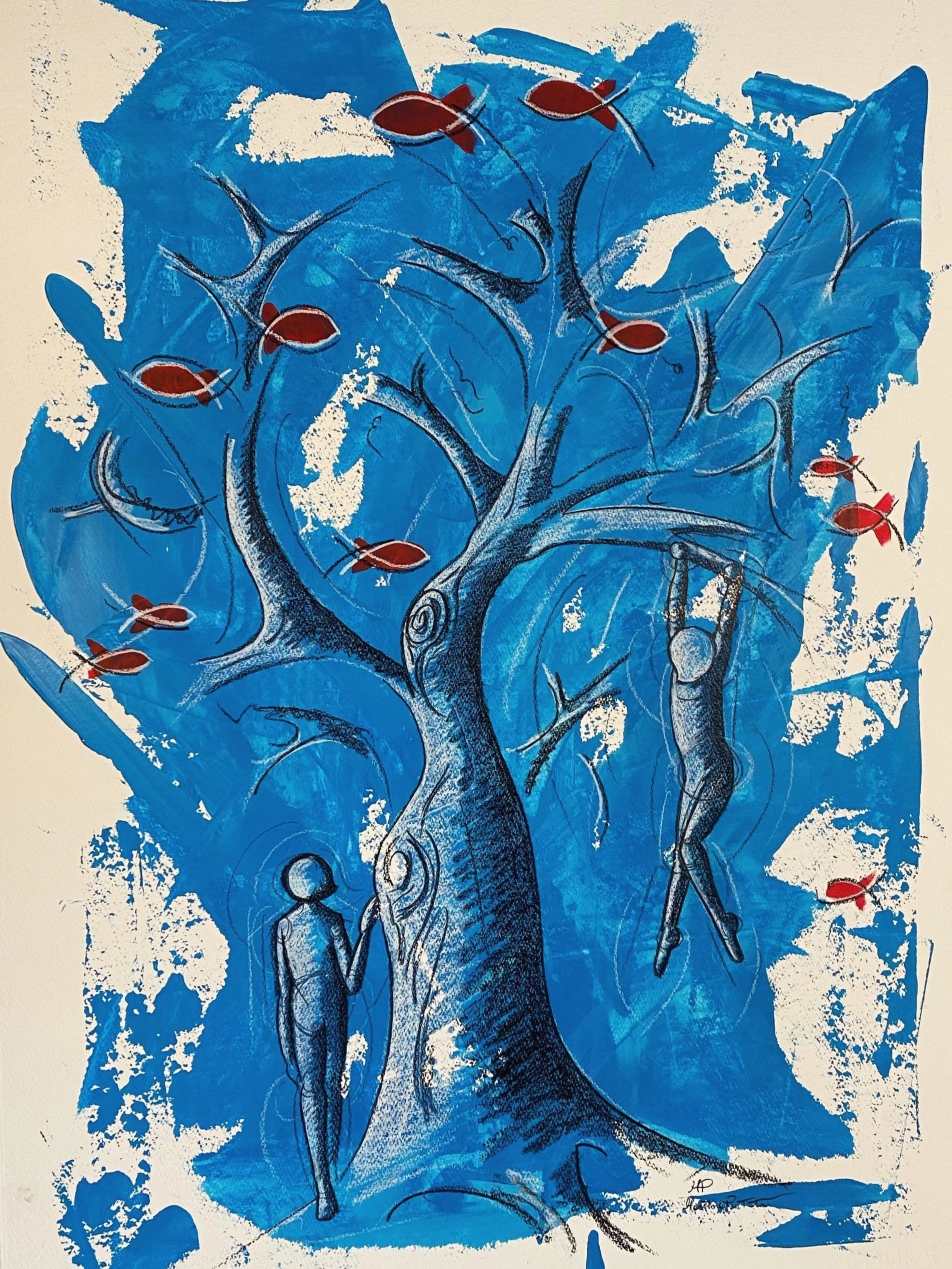 "Omini pesci e albero azzurro" - Acrilico e pastello su carta - 70X50 cm - 2024