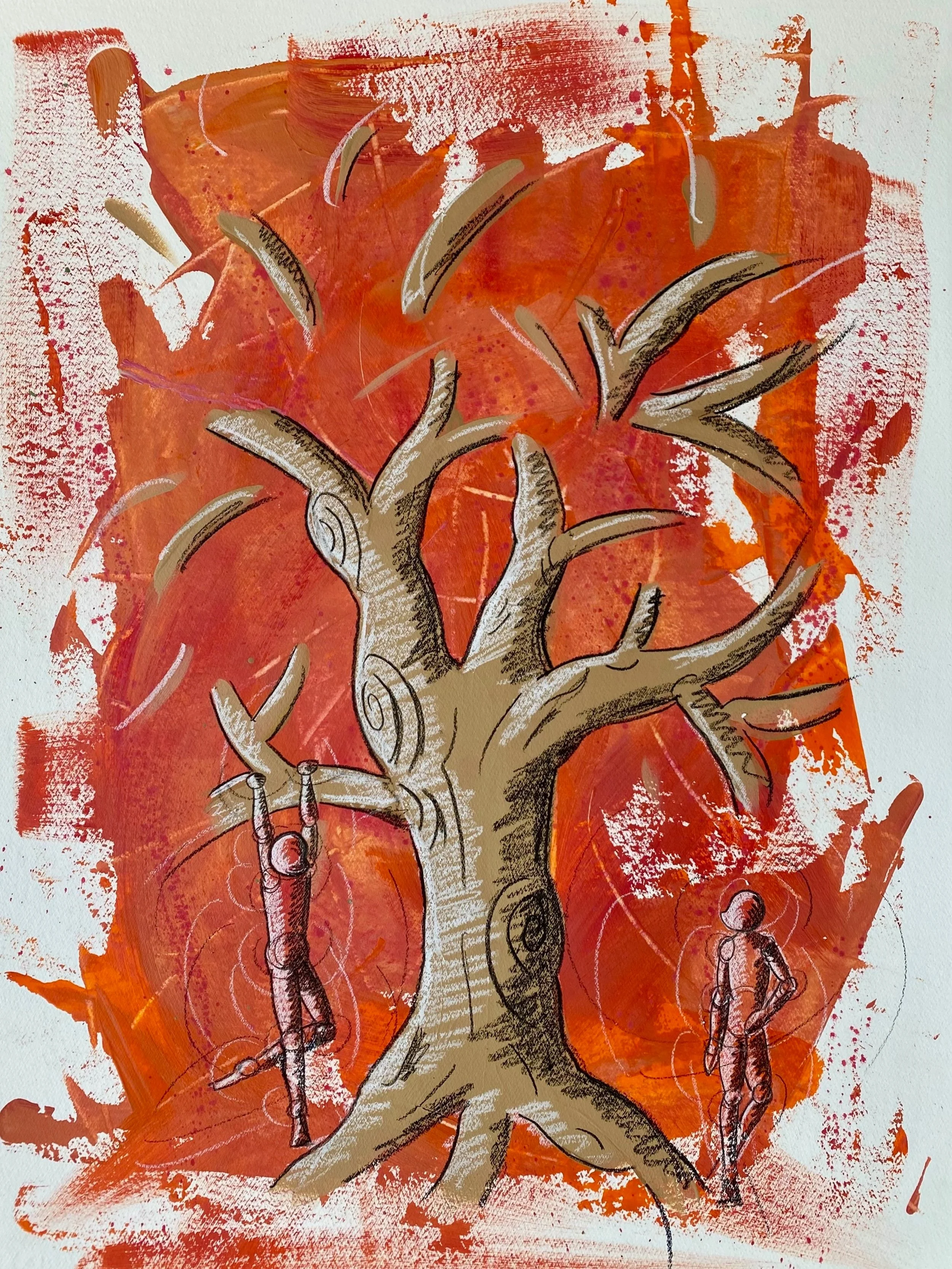 "Omino pesci e albero arancione" - Acrilico e pastello su carta - 70X50 cm - 2024