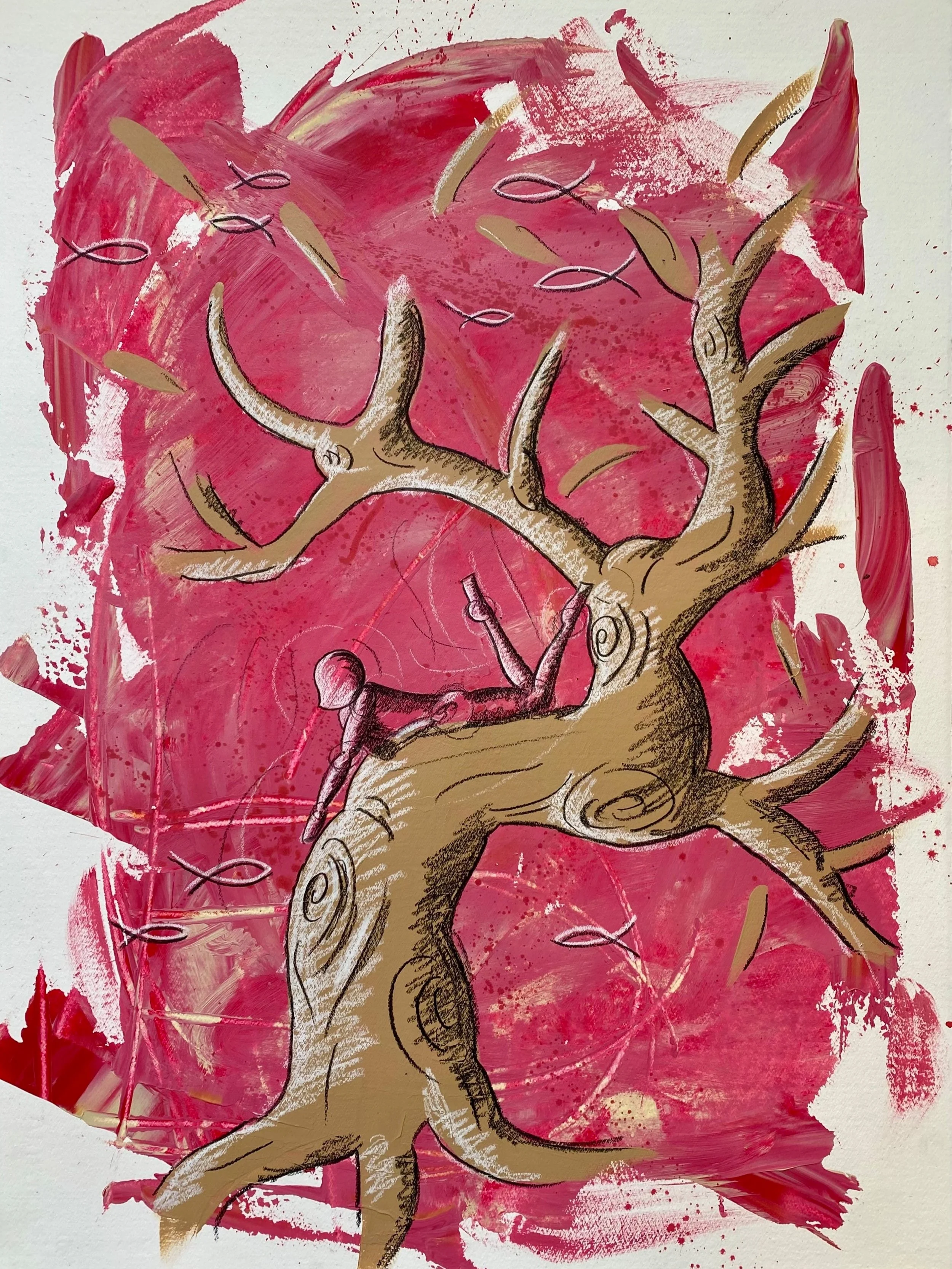 "Omino pesci e albero cinese" - Acrilico e pastello su carta - 70X50 cm - 2024
