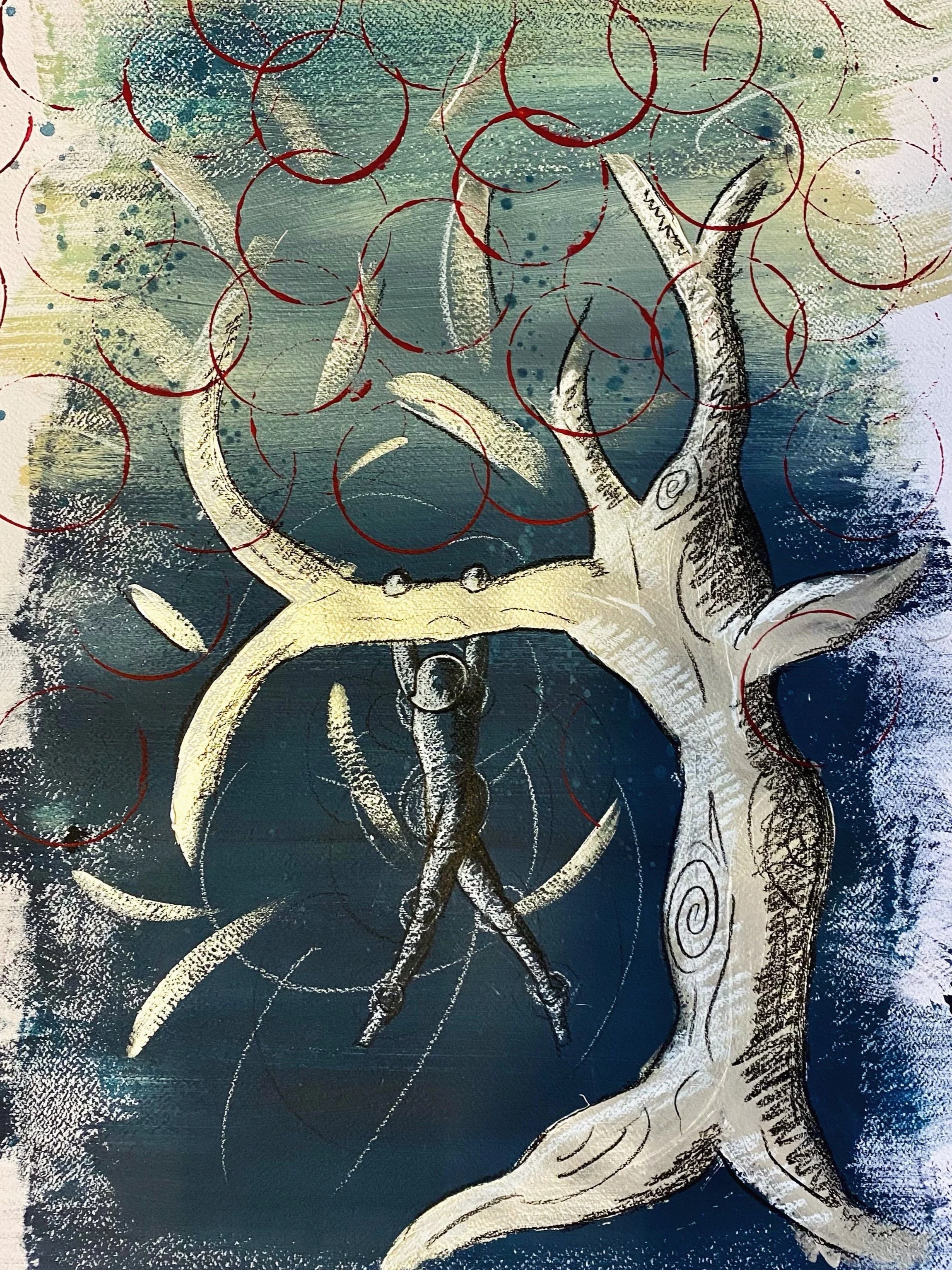 "Albero bianco iridescente su blu" - Tecnica mista su carta - 70X50 cm - 2024 - Venduto
