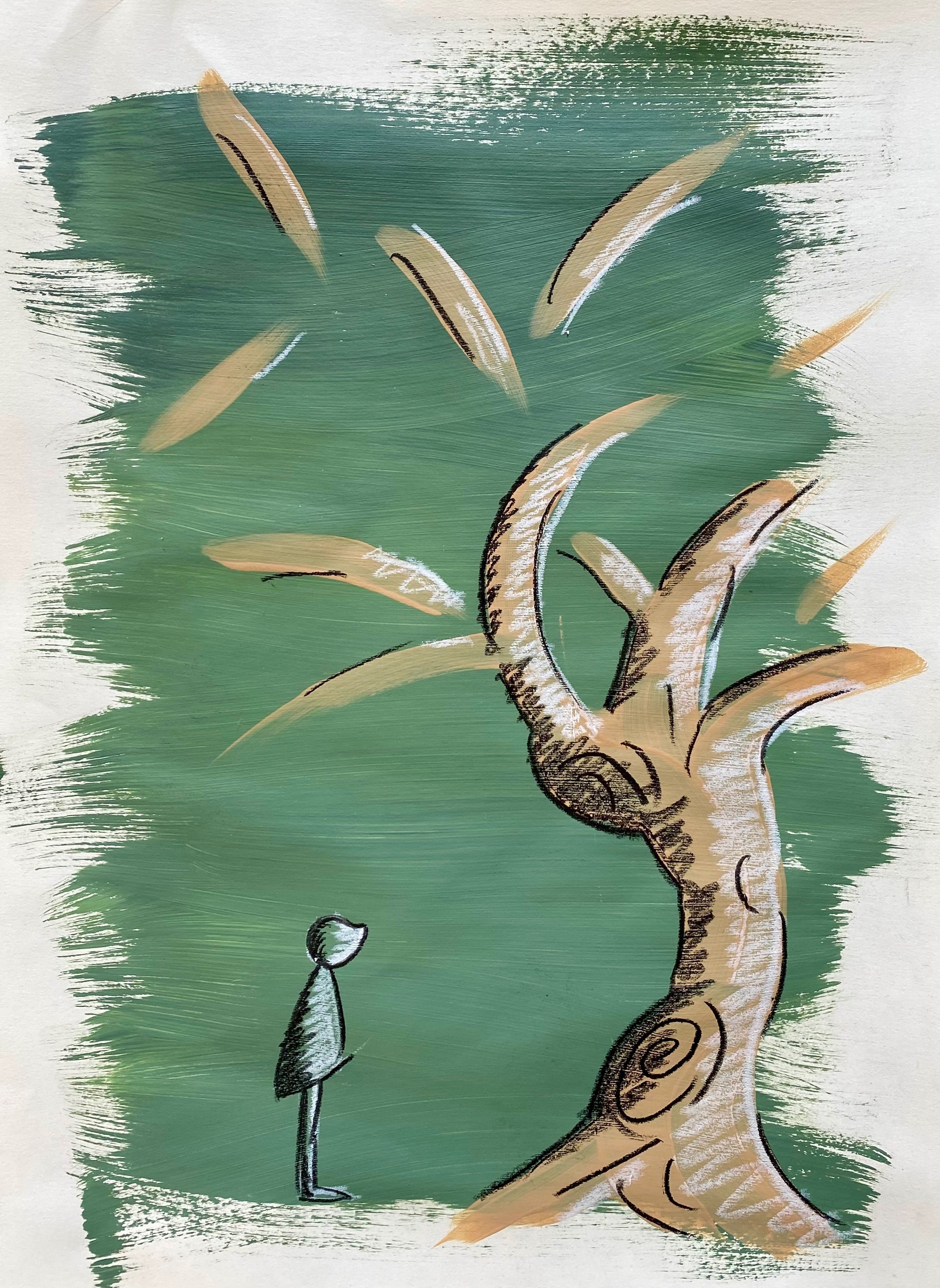 "Studio per omino e albero verde" - Acrilico e pastello su carta - 30X20 cm - 2024