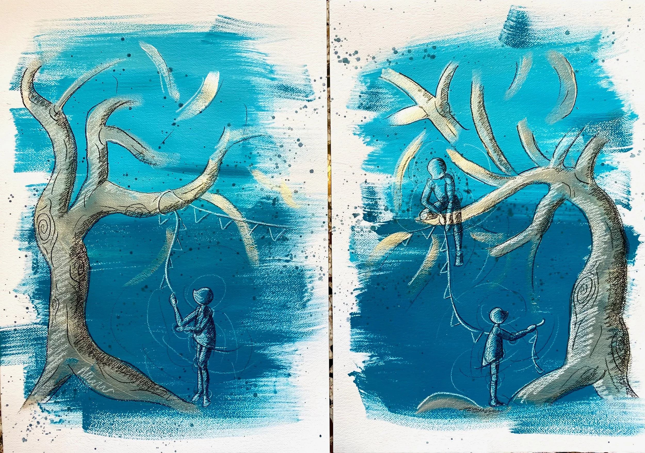 "Così celeste 2" - Coppia - Acrilico e pastello su carta - 70X50 cm ciascuno