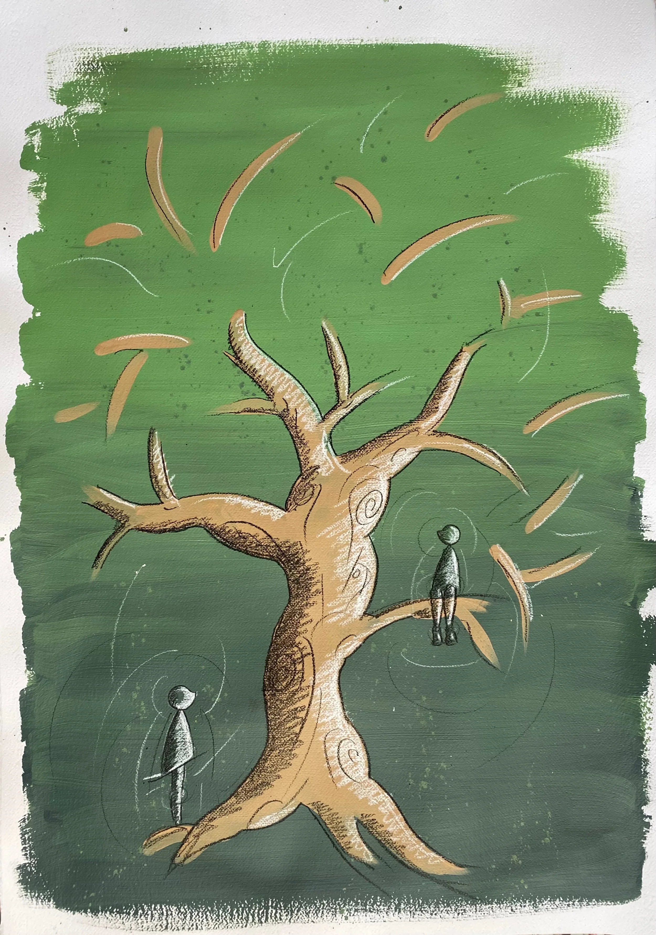 "Omini e albero verde" - Acrilico e pastello su carta - 100X70 cm - 2024
