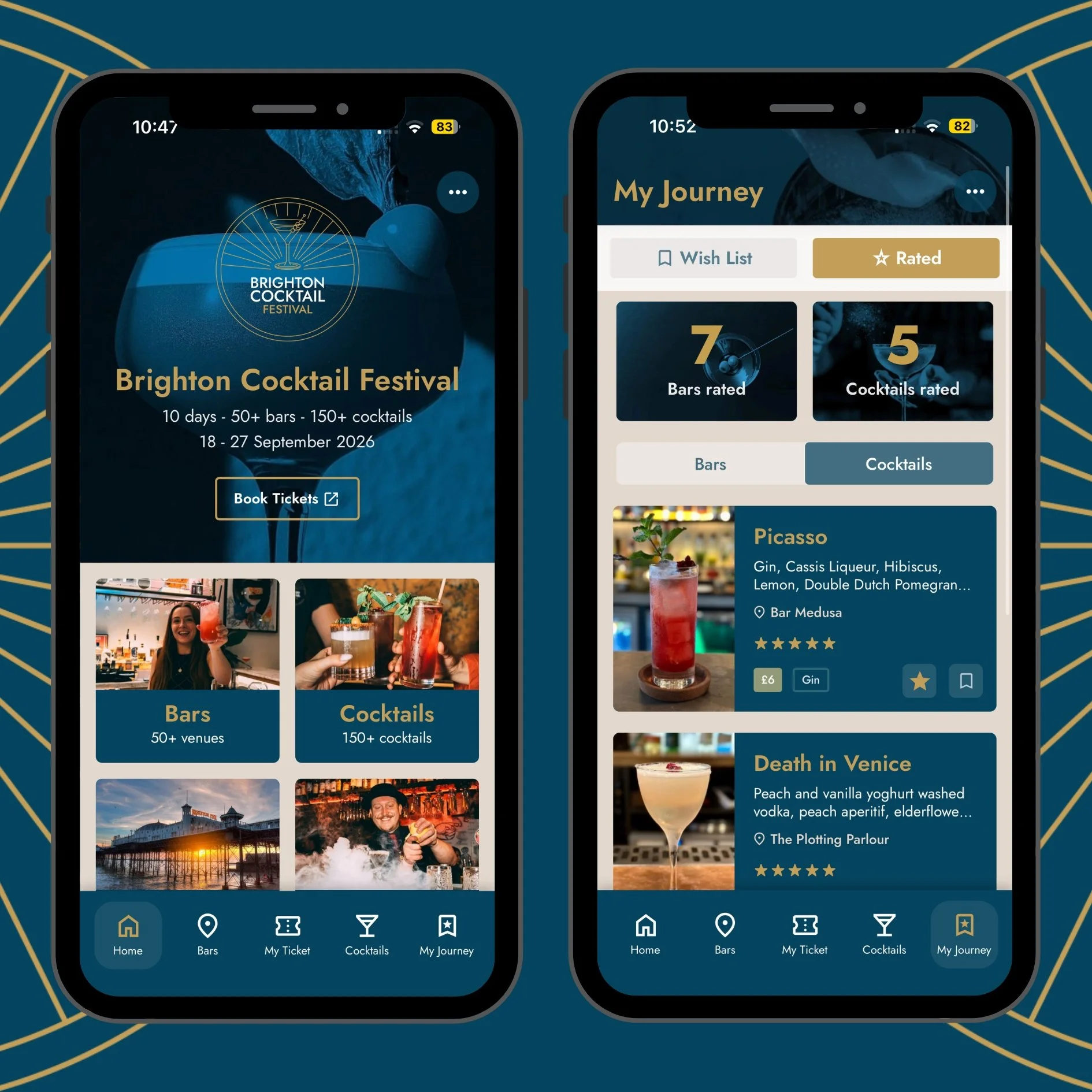 Two screenshots of the Brighton Cocktail Festival App showing the homepage and my journey page.