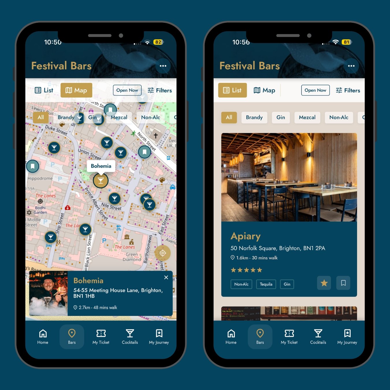 Two screenshots of the Brighton Cocktail Festival App showing a map and bar list.