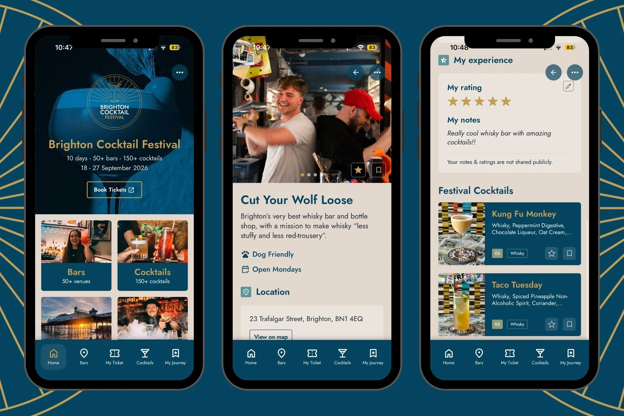 Three screenshots on the brand new Brighton Cocktail Festival App