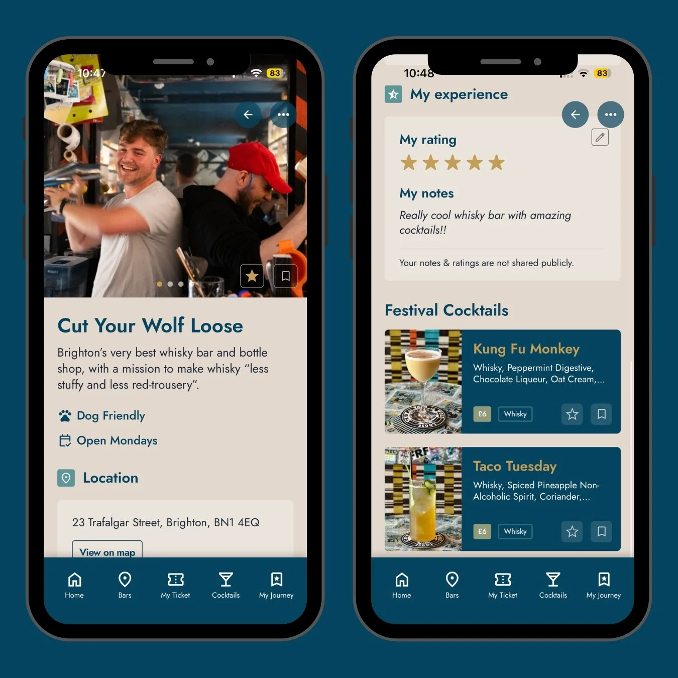 Two screenshots of the Brighton Cocktail Festival App showing bars and cocktails.