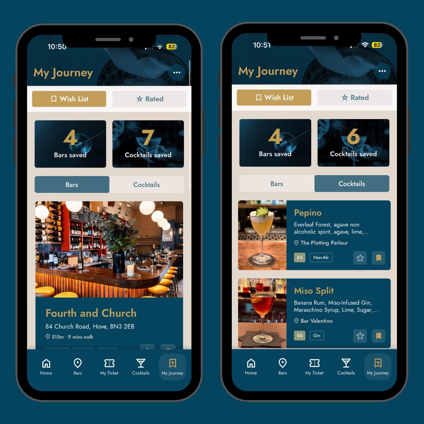 Two screenshots of the Brighton Cocktail Festival App showing My Journey.