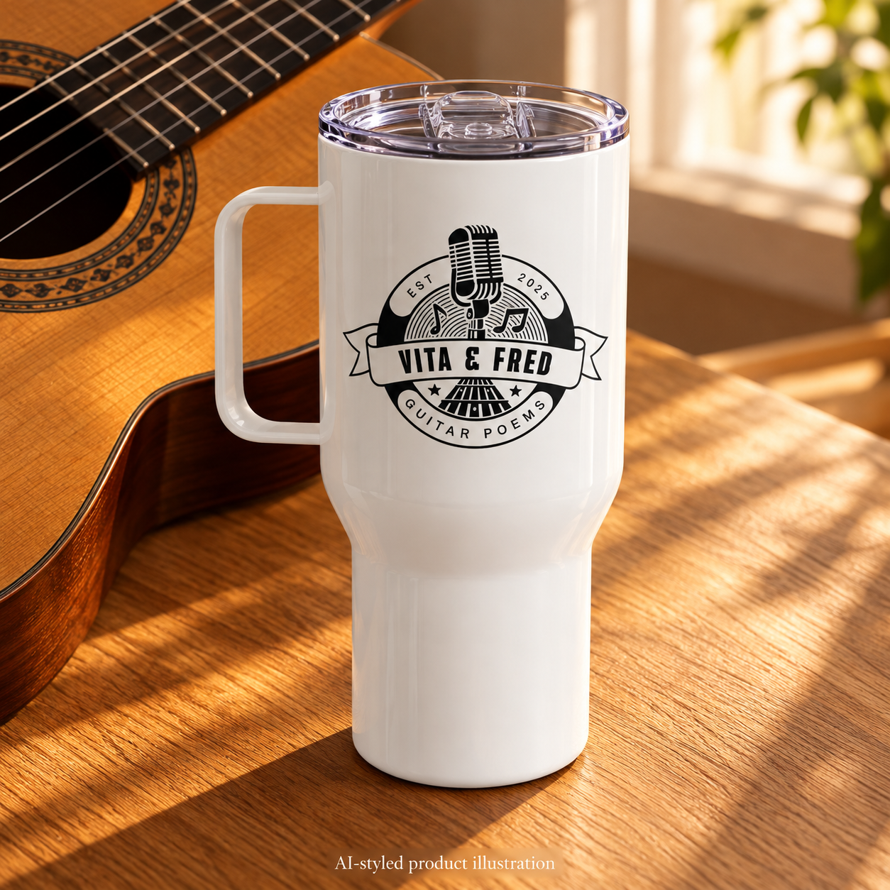 Vita & Fred Guitar Poems Travel Mug with Handle
