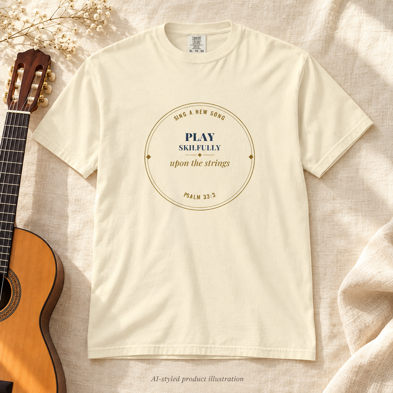 AI-styled product illustration: ivory Psalm 33:3 T-shirt on cream linen beside a classical guitar.