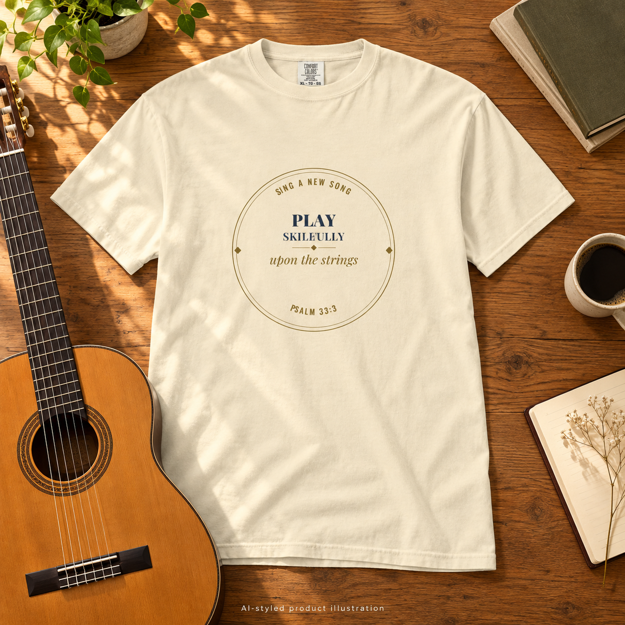 AI-styled product illustration: ivory Psalm 33:3 T-shirt on an oak table beside a classical guitar.