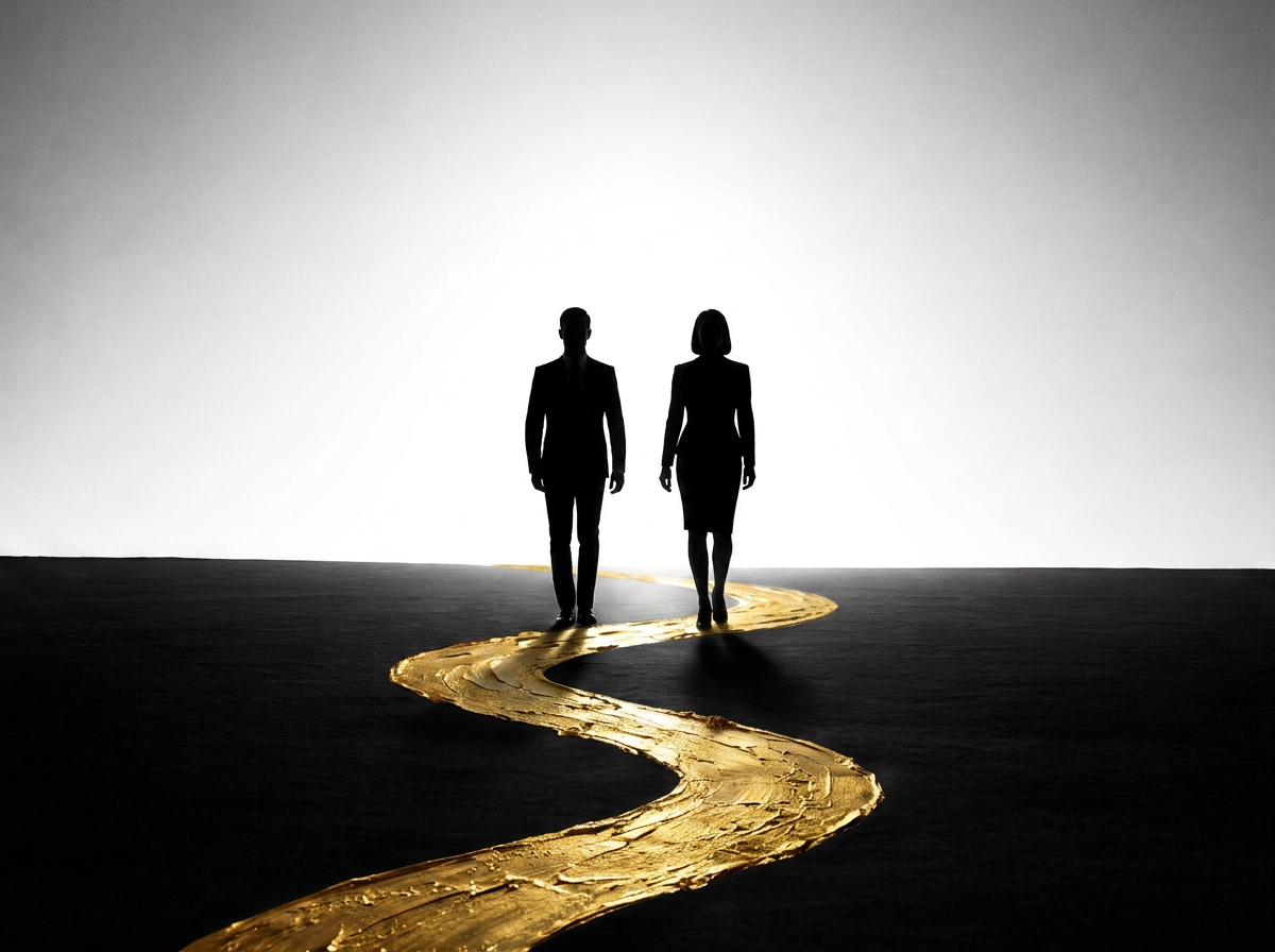 Silhouetted man and woman walking on a golden, winding path against a plain light background.