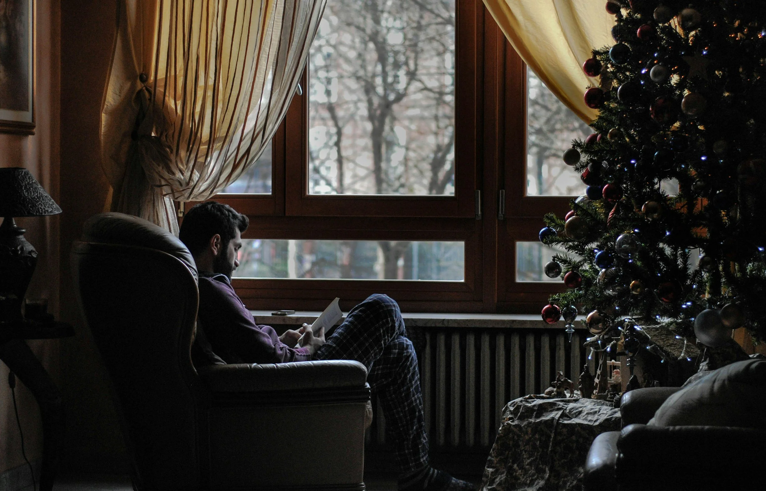 man on own reading book by christmas tree