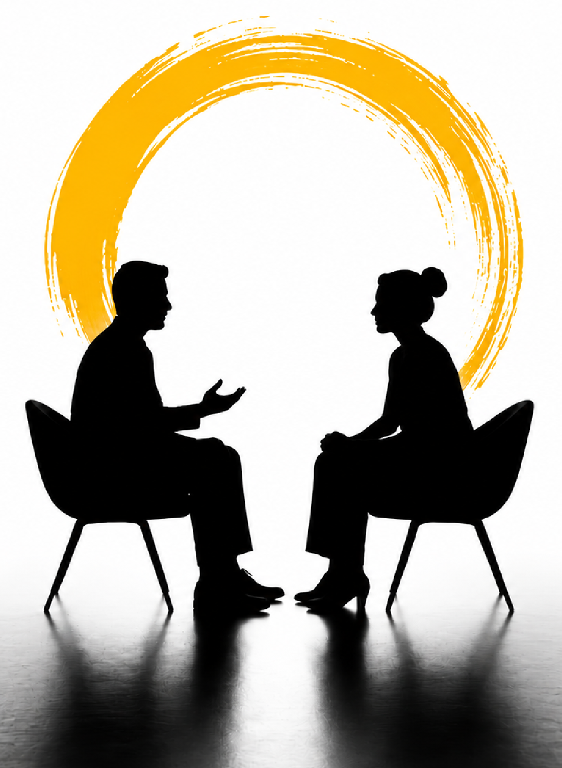A high contrast image of two people on chair talking to each other with a golden circle behind