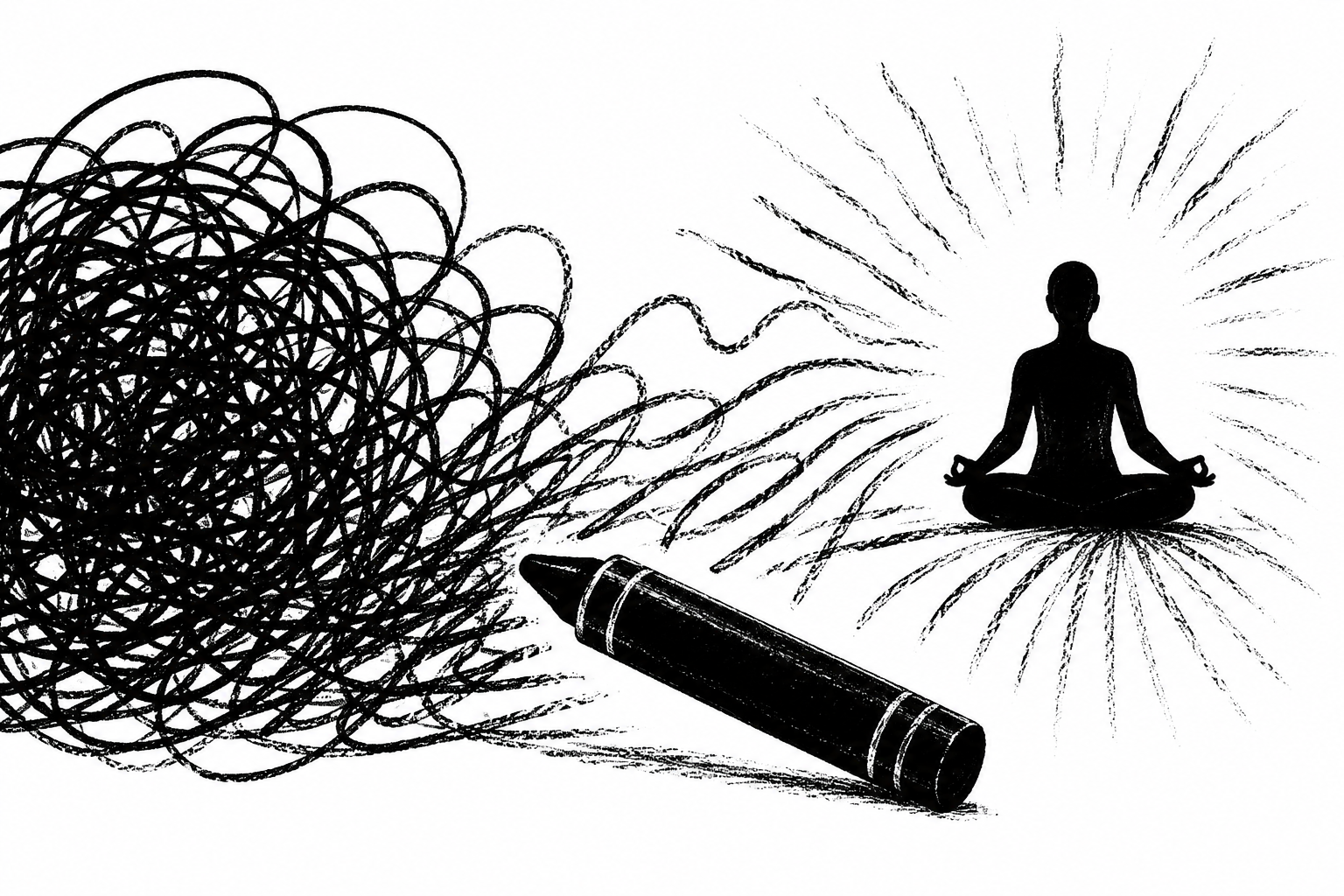 Image of a black crayon, a messy scribble, and a person meditating
