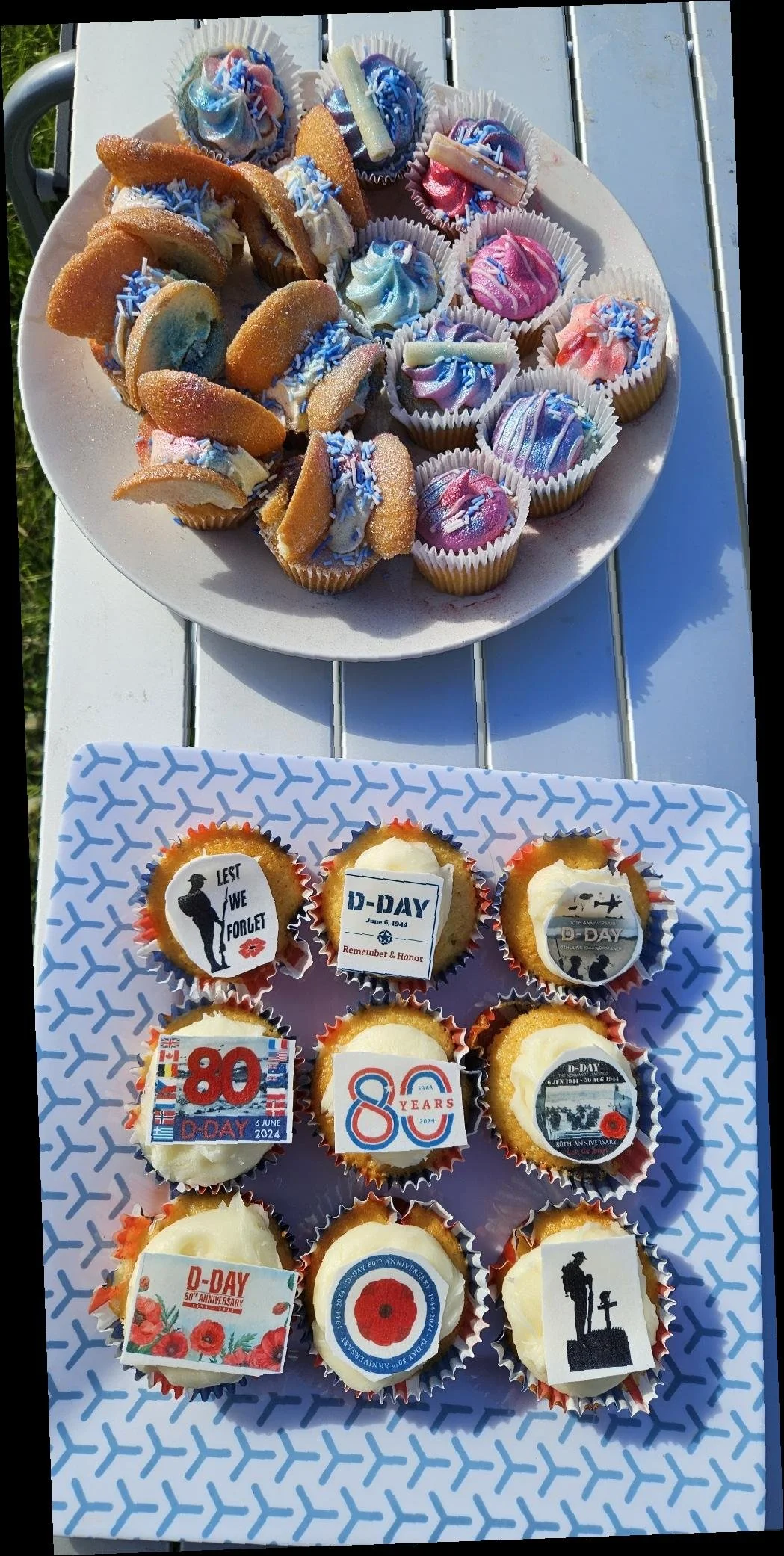Decorated cupcakes with D-Day remembrance theme, featuring patriotic and military symbols, and a tray of assorted cupcakes with colorful frosting and sprinkles.