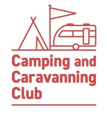 Logo for Camping and Caravanning Club featuring a tent, a flag, and a caravan in red
