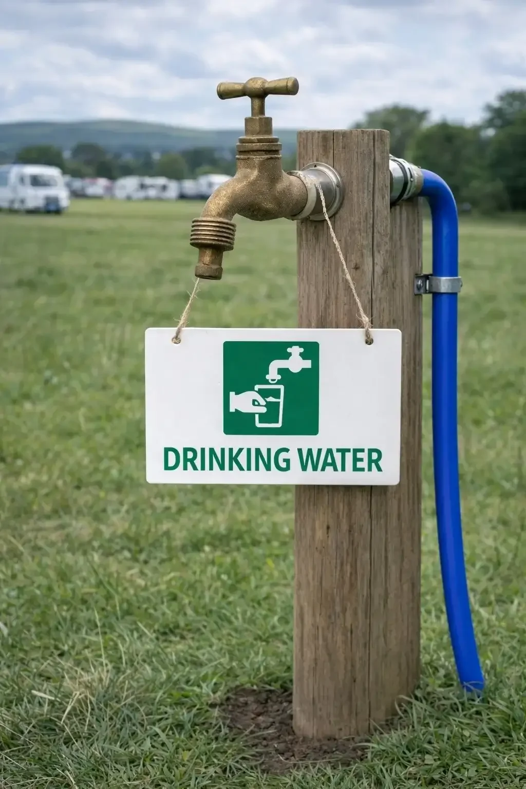 Outdoor water faucet attached to a wooden post with a blue hose, and a sign that reads "DRINKING WATER" with an icon of a glass and a faucet.
