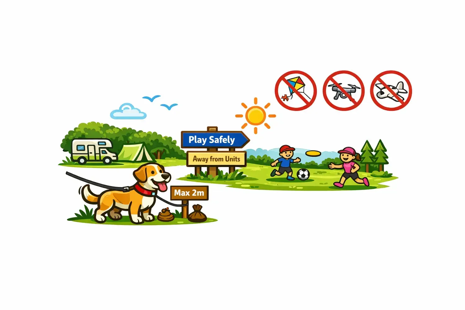 A colorful outdoor park scene with children playing soccer, a dog on a leash with a sign saying 'Max 2m', and safety signs prohibiting flying drones, flying toys, and airplanes. There are signs that say 'Play Safely' and 'Away from Units' along with the sun, trees, clouds, and camping area in the background.