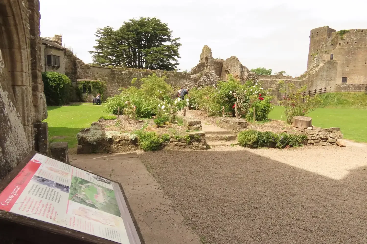 View of a historic castle ruins with a garden and people exploring, seen from inside a building with an informational sign.