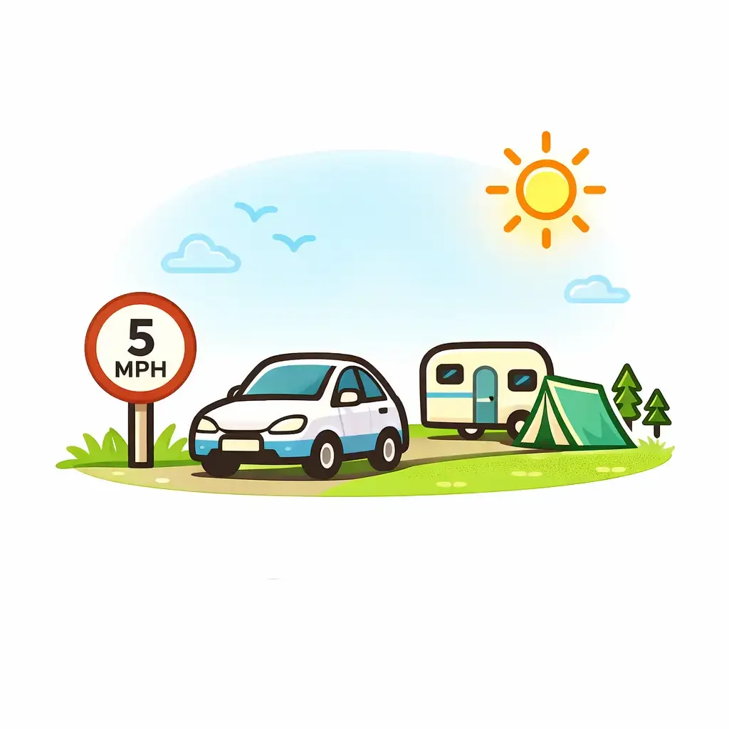 An illustration of a camping scene with a car, a tent, a camper trailer, and a bright sun in the sky, featuring a 5 MPH speed limit sign and green trees.