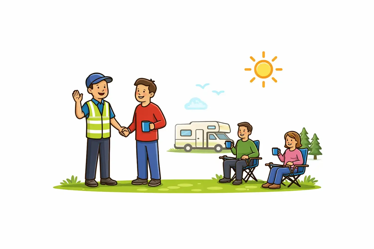 Camping scene with two men shaking hands, one wearing a safety vest and the other in a red shirt, and two children sitting in camping chairs, all holding mugs under a bright sunny sky with a camper in the background.