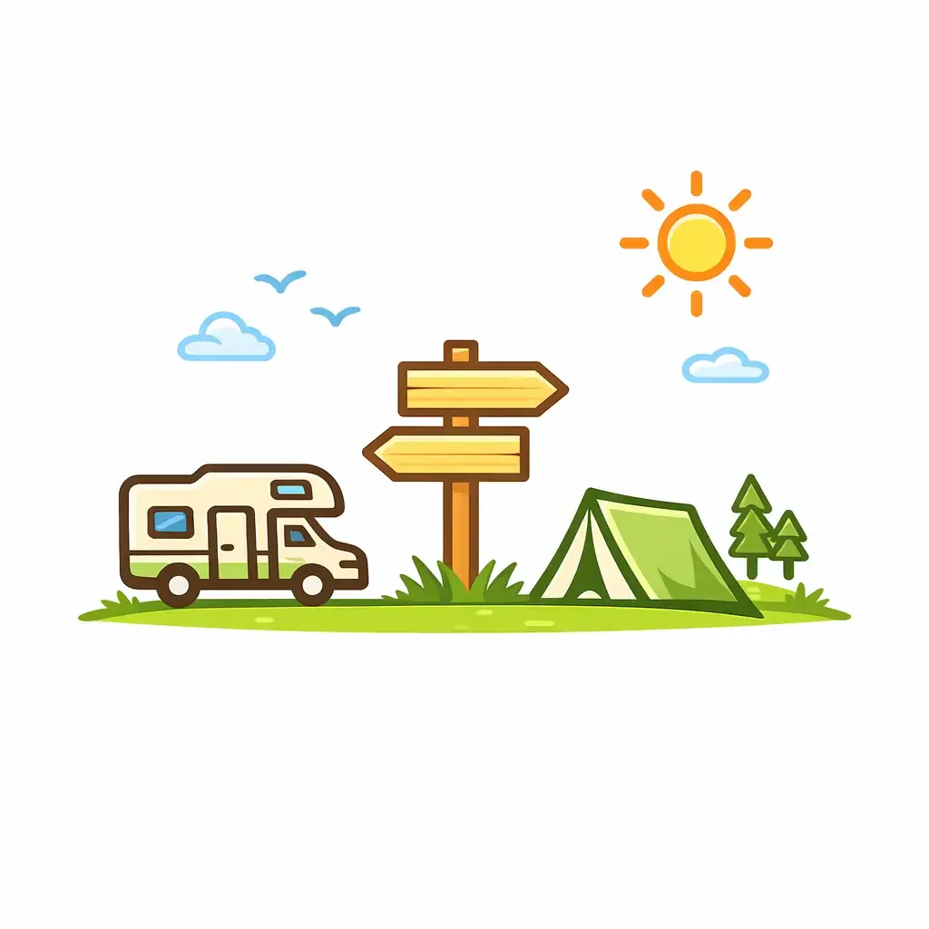 Camping scene with a camper van, a green tent, a wooden signpost, trees, and a bright sun in the sky with a few clouds and birds.