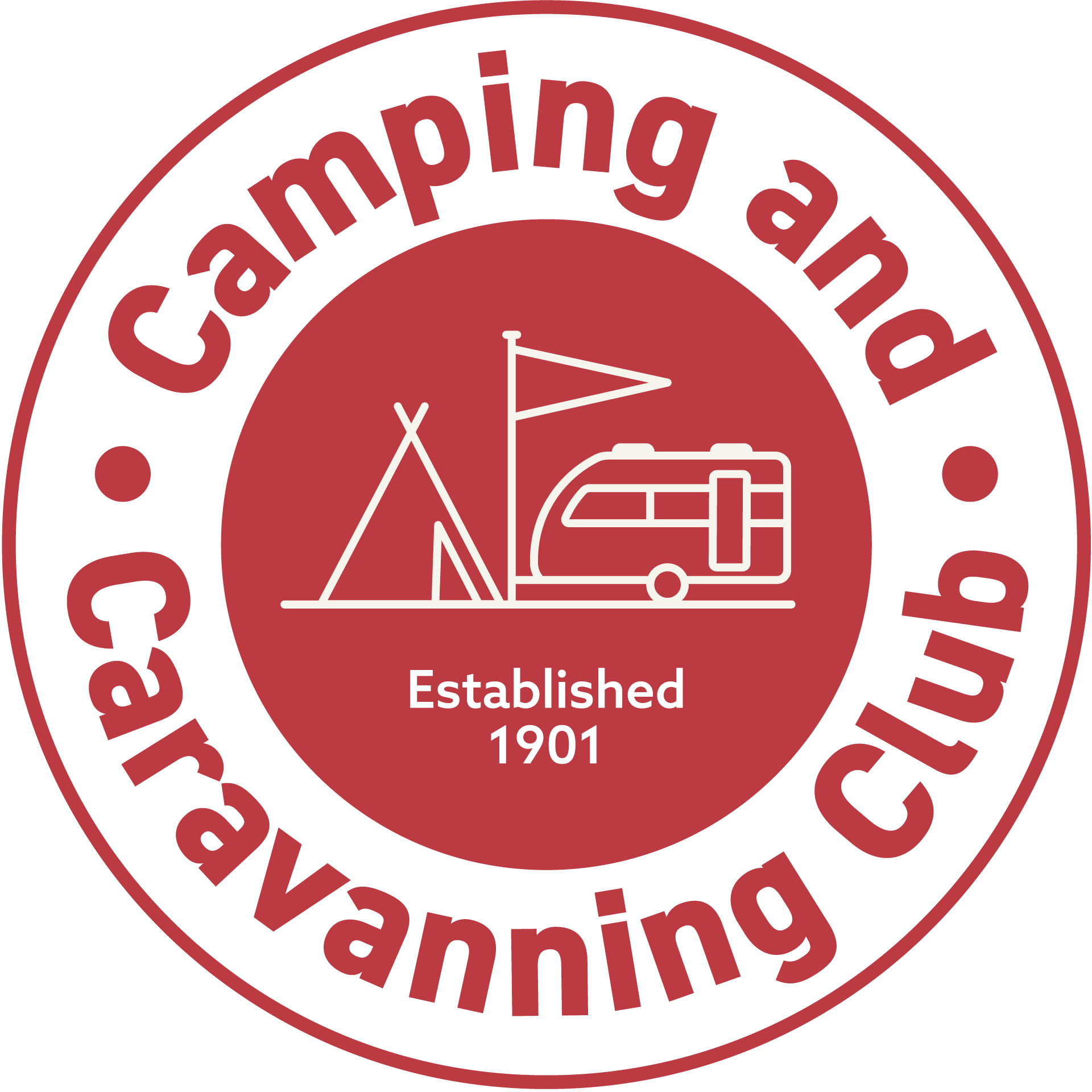 A circular logo with the text 'Camping and Caravan' around the top and 'Established 1901' inside. The center features outline graphics of a tent, a flag, and a caravan, all in white on a red background.