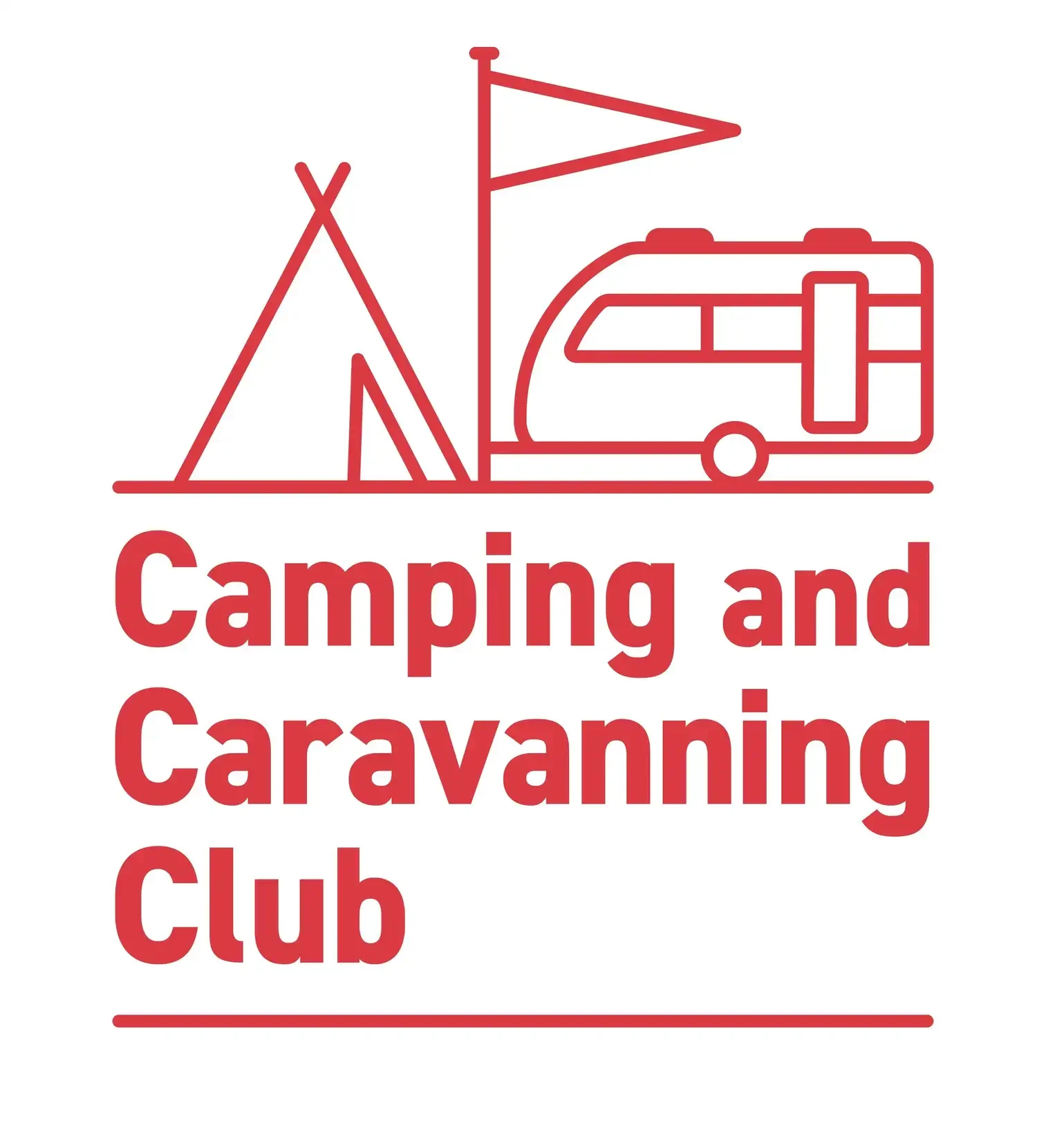 Red outline of a camping tent, flag, and camper trailer with text reading 'Camping and Caravanning Club'.