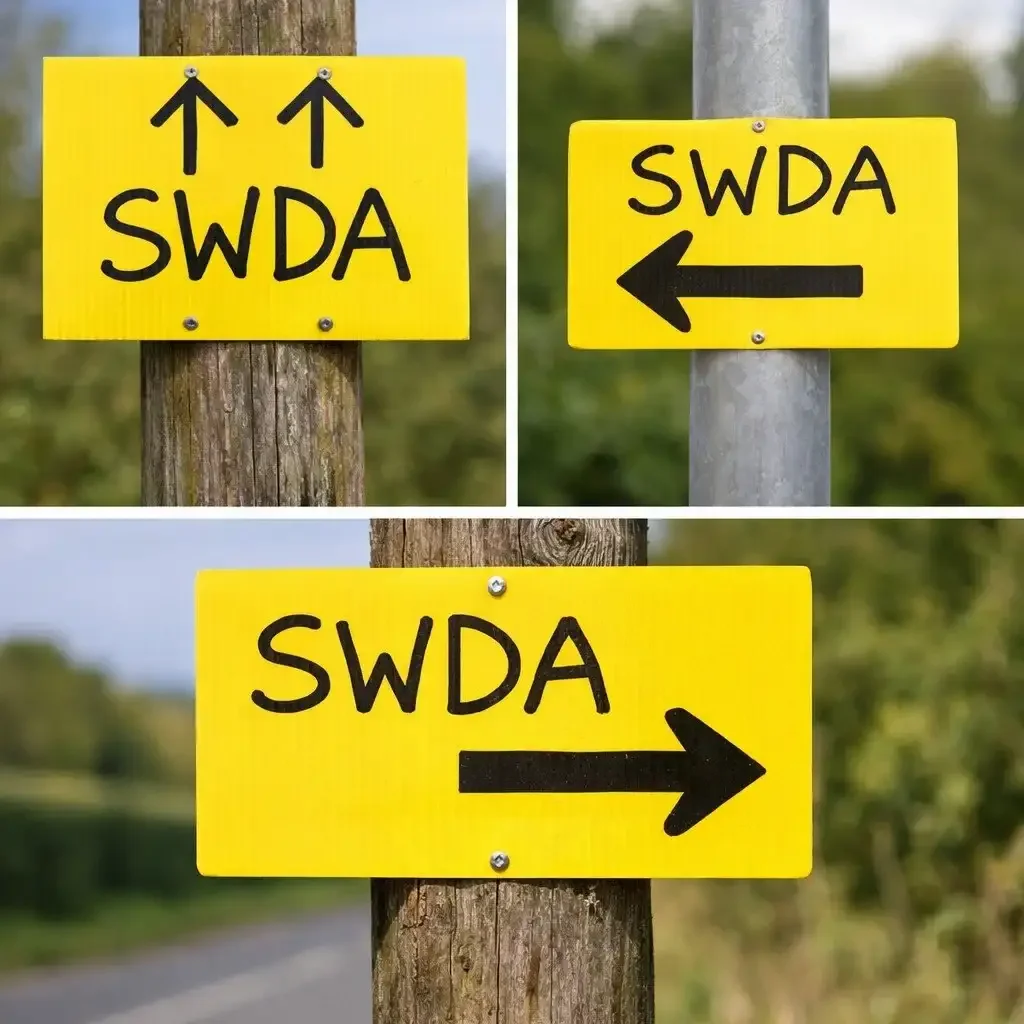 Yellow signs with black text and arrows pointing in different directions for SWDA, attached to wooden and metal poles.