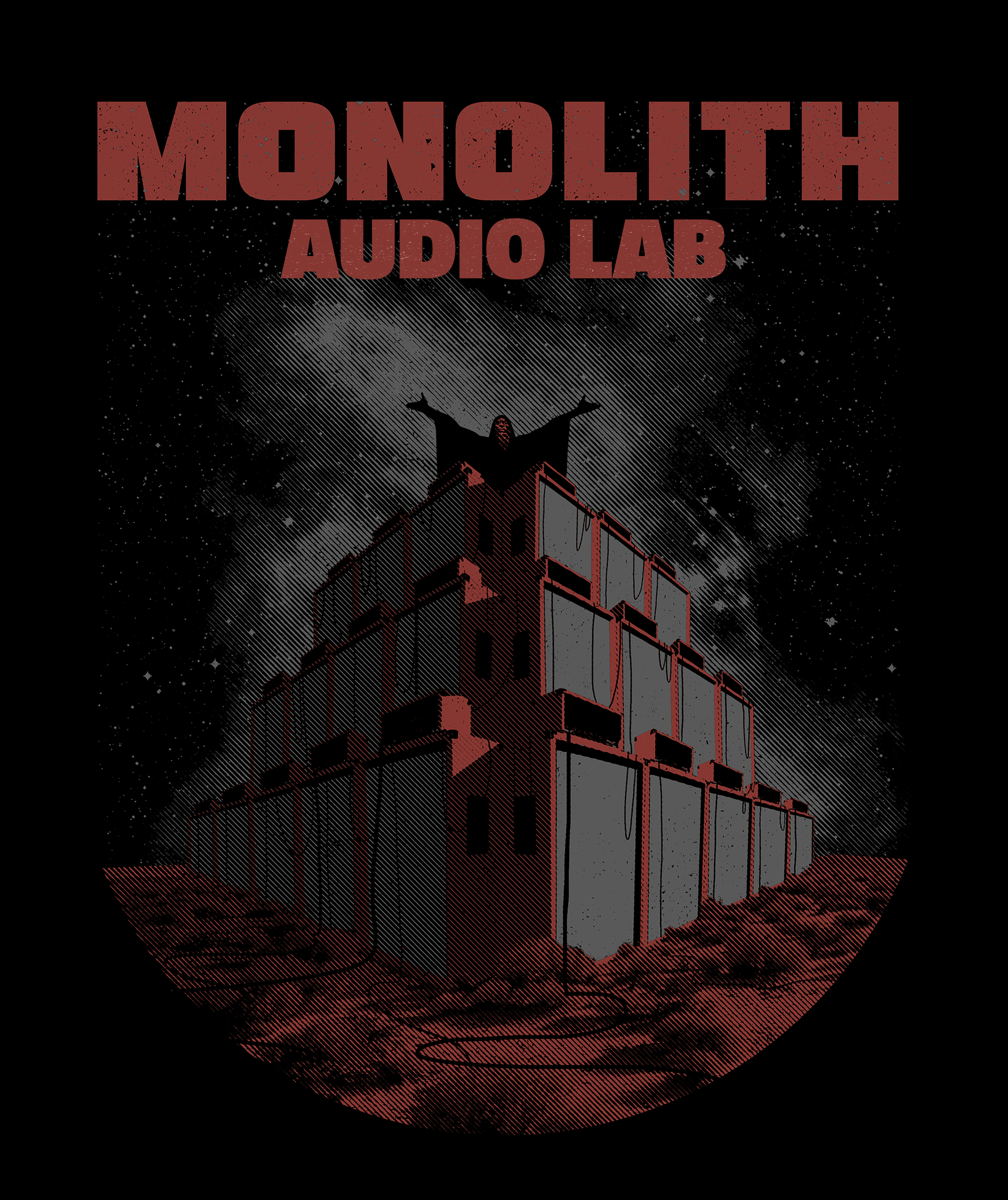 Locandina con testo 'Monolith Audio Lab' e immagine di un monolito su un paesaggio desertico sotto un cielo stellato, con una figura misteriosa ai vertici del monolito.