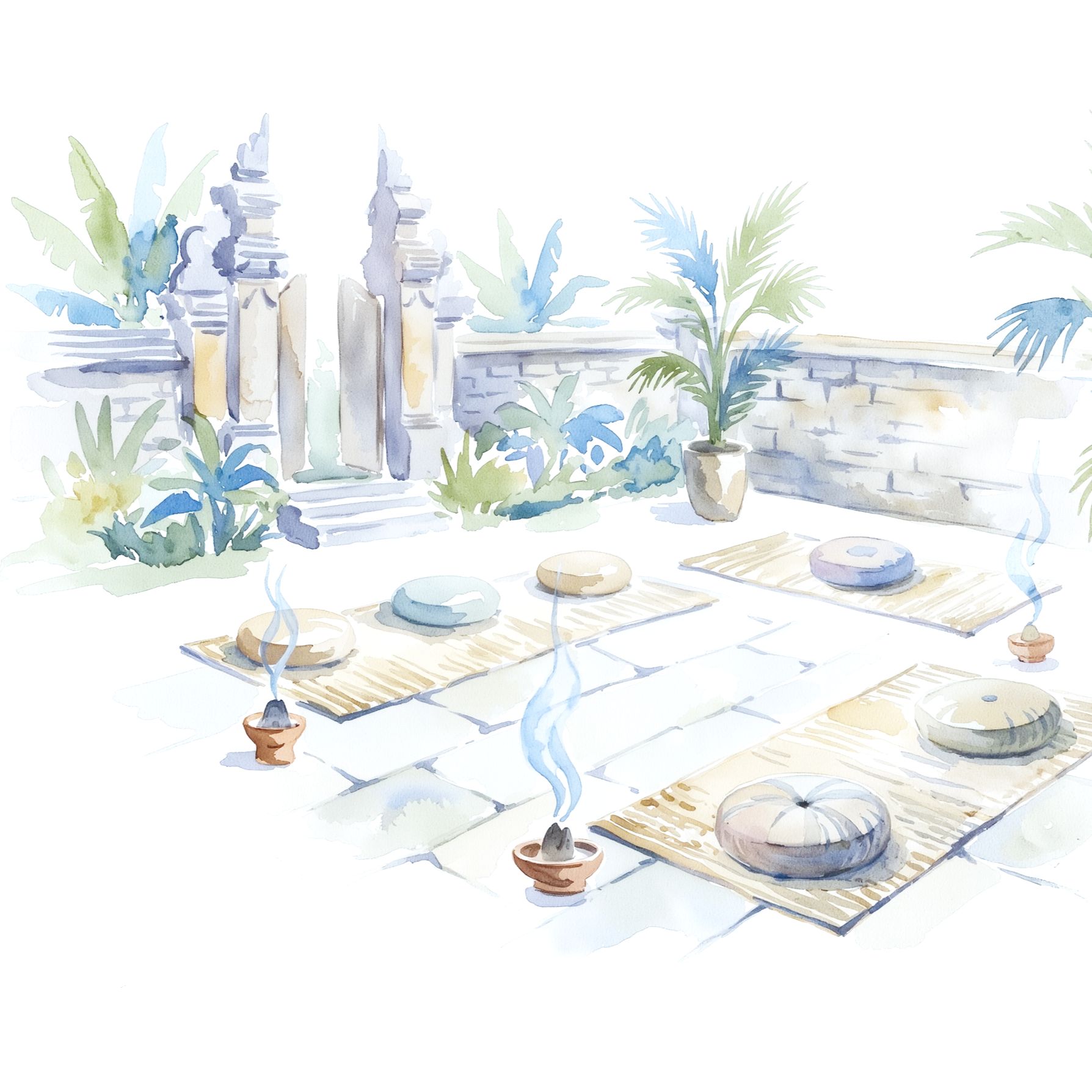Watercolor painting of a serene outdoor patio with potted plants, cushions on the floor, and a brick wall, creating a peaceful terrace atmosphere.