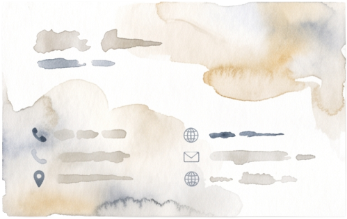 Watercolor illustration of a contact information section with icons for phone, email, location, and social media.