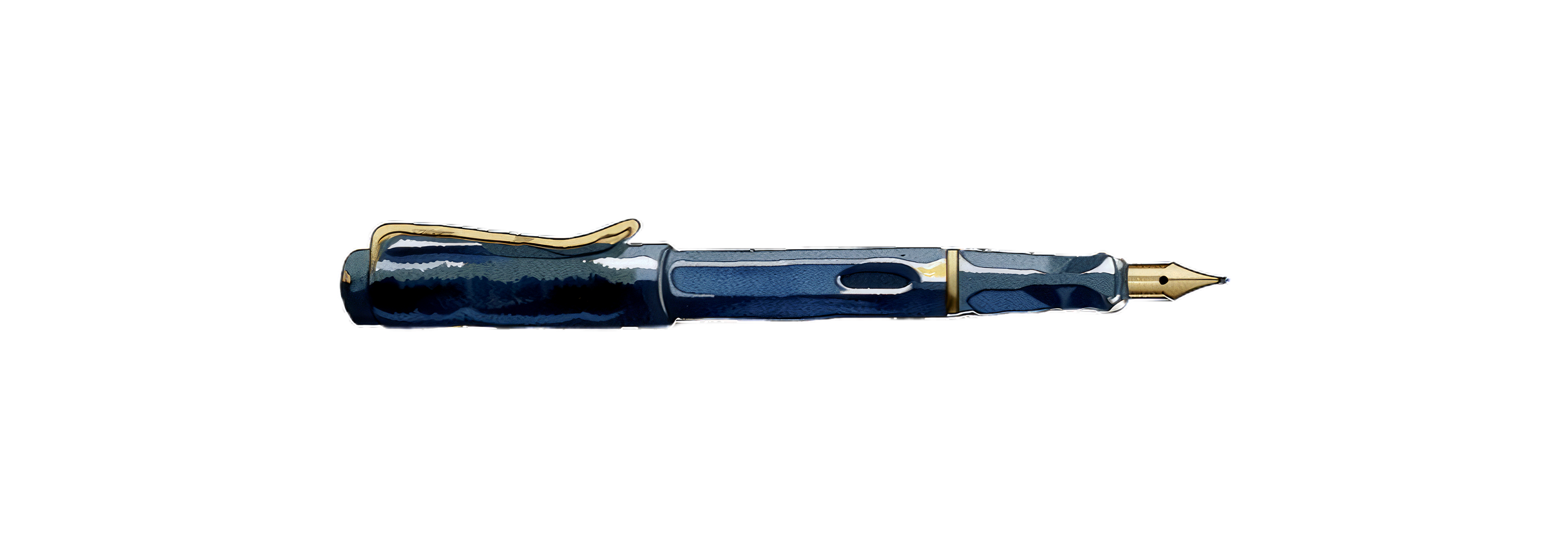 A blue fountain pen with gold accents, shown horizontally on a black background.