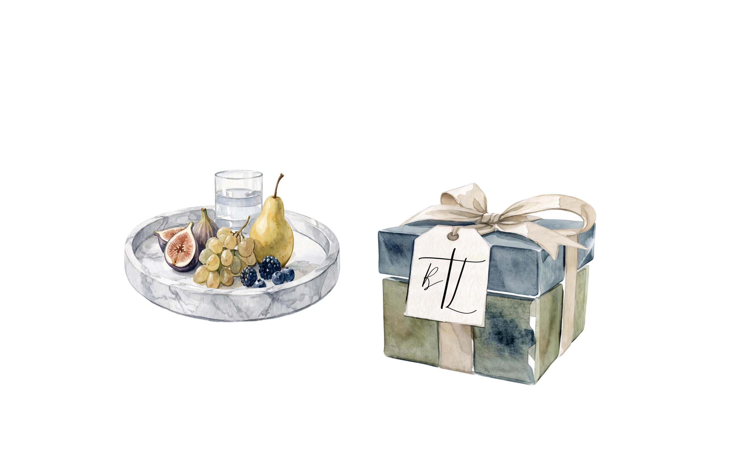Watercolor illustration of a gift box with a ribbon, a gray gift tag, and a round marble tray with assorted fruits including figs, grapes, blackberries, and a pear, alongside a glass of water.