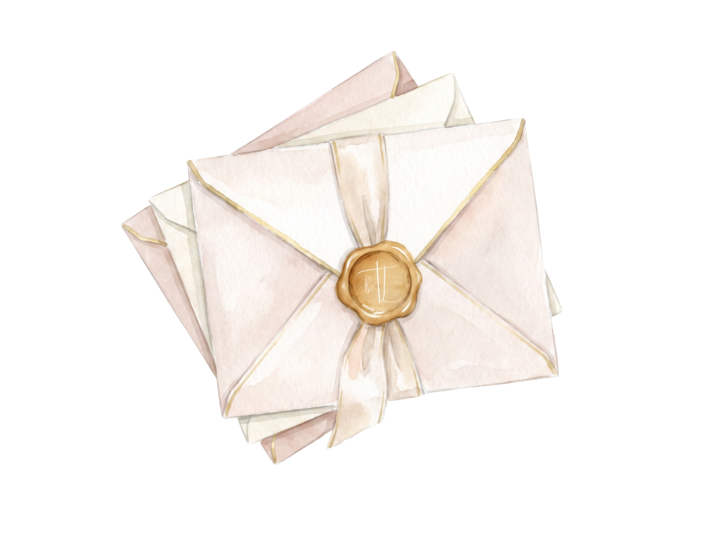 A watercolor style illustration of an envelope sealed with a wax stamp featuring the initials 'RL'.