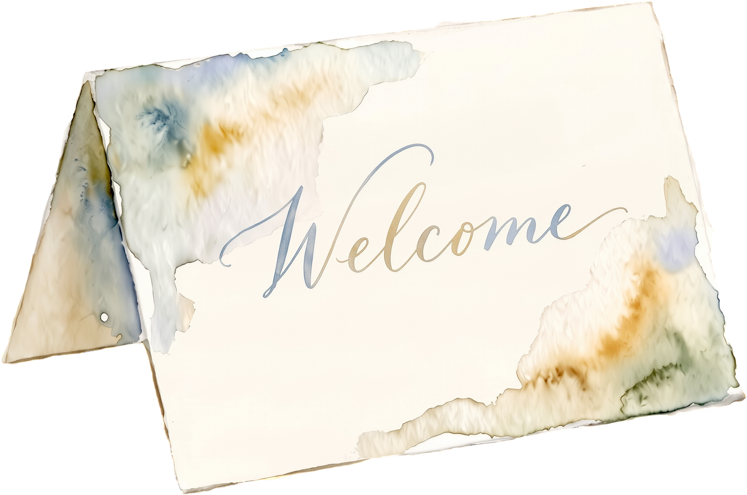 Decorative plaque with the word 'Welcome' written in script font, featuring a watercolor design with soft pastel colors.
