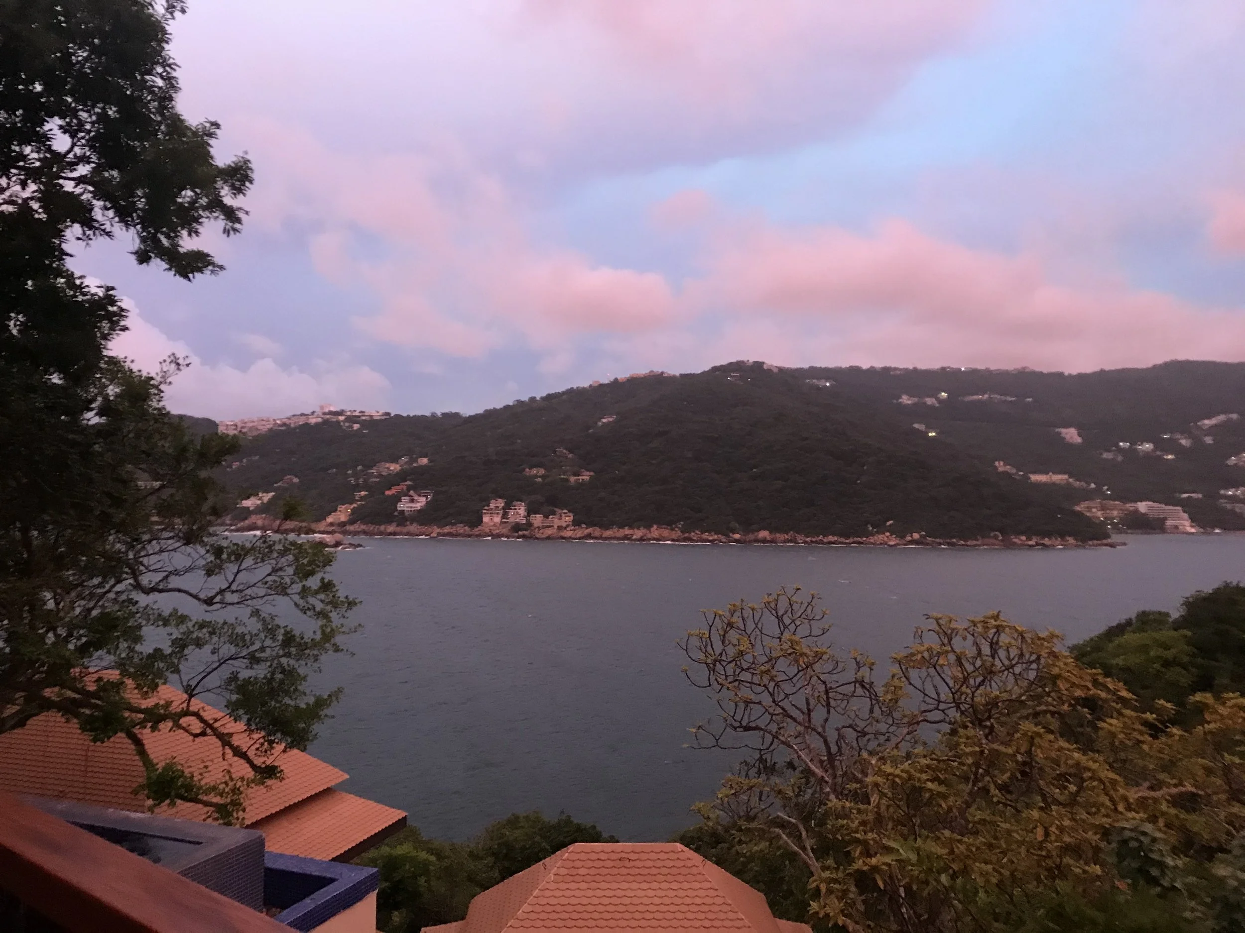 Sunset over the view of the bay in the bay view villa at Banyan Tree Cabo Marques