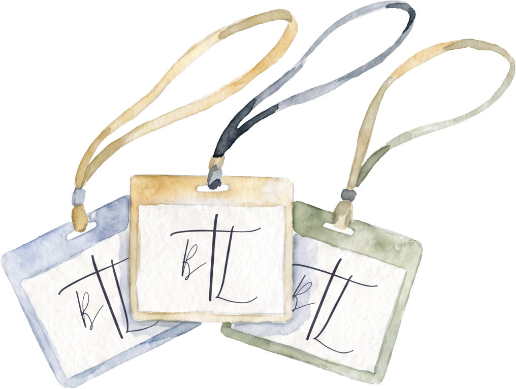 Watercolor illustration of three conference name badges hanging from lanyards. Each badge has handwritten initials 'B T'.