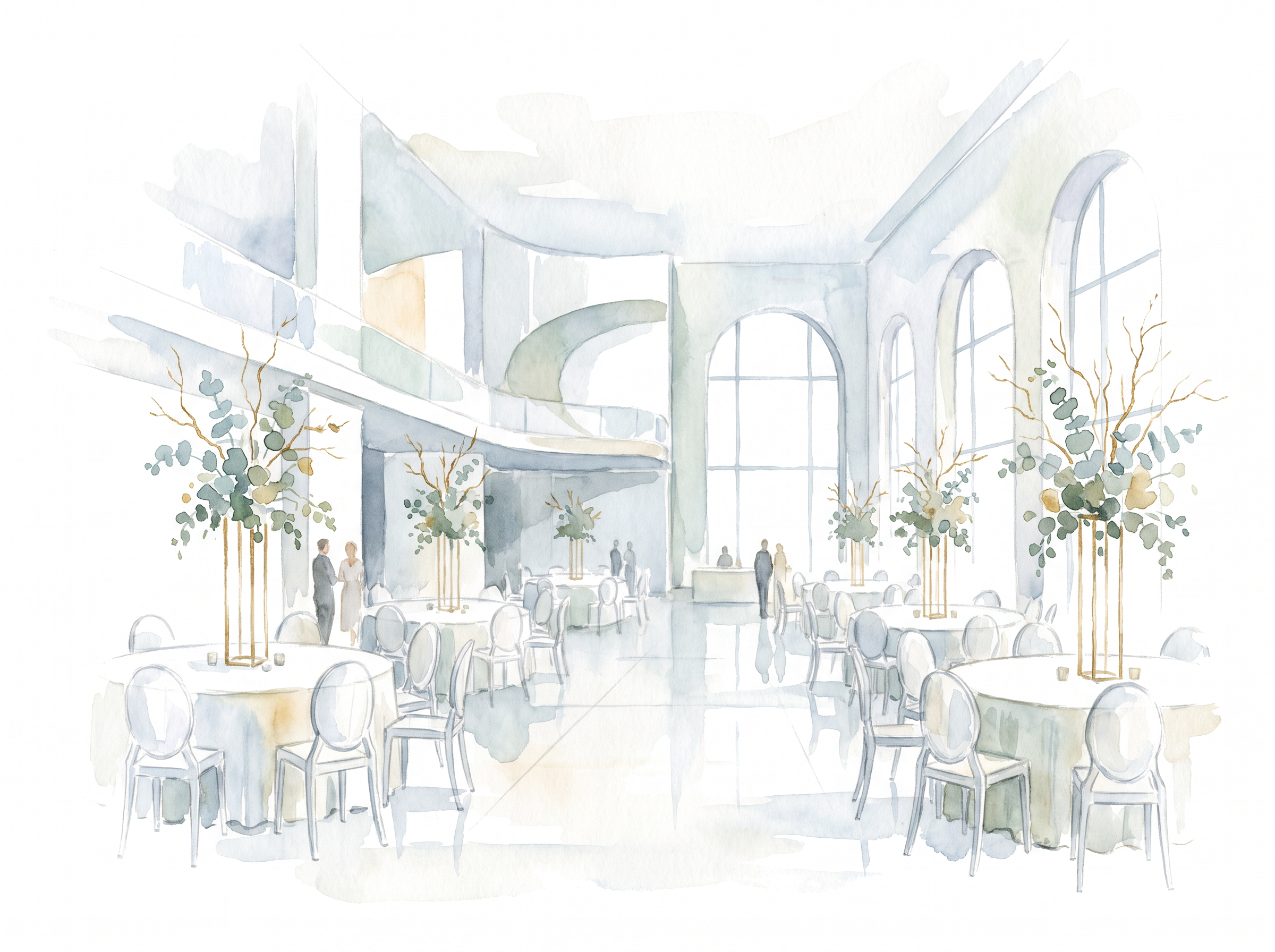 Watercolor painting of a spacious, modern indoor event space with large arched windows, decorated with round tables and chairs, and tall leafy plant arrangements.