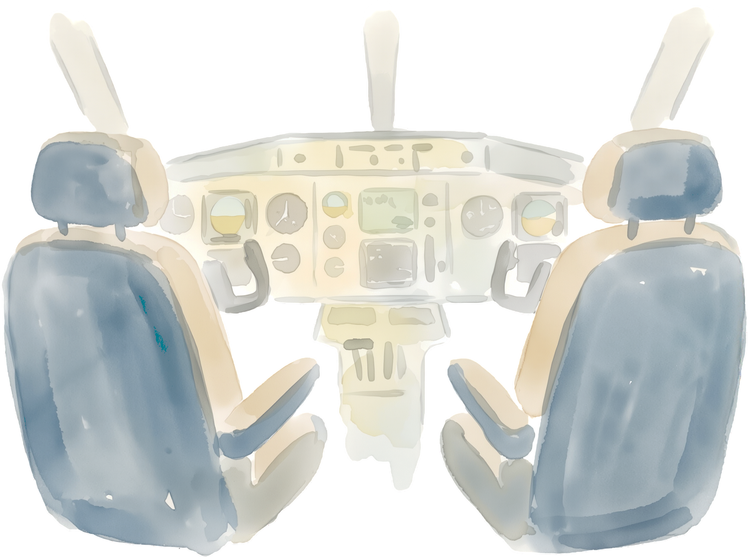Watercolor illustration of the back of a white and blue airplane cockpit, viewed from the pilot seats.